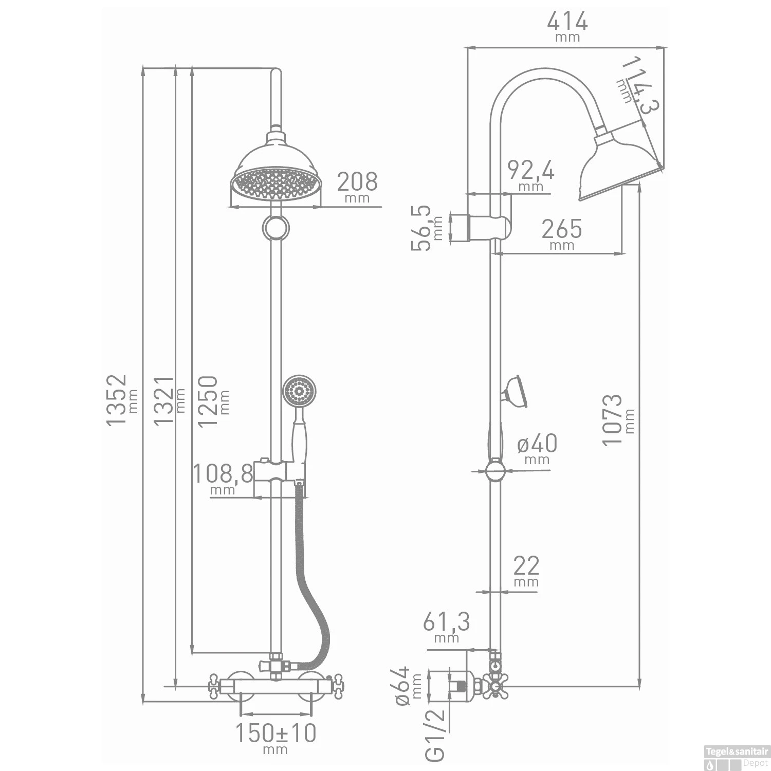 Regendouche Thermostatisch VM Retro Chroom (met Handdouche) 4 Regendouche Thermostatisch VM Retro Chroom (met Handdouche) - Afbeelding 2