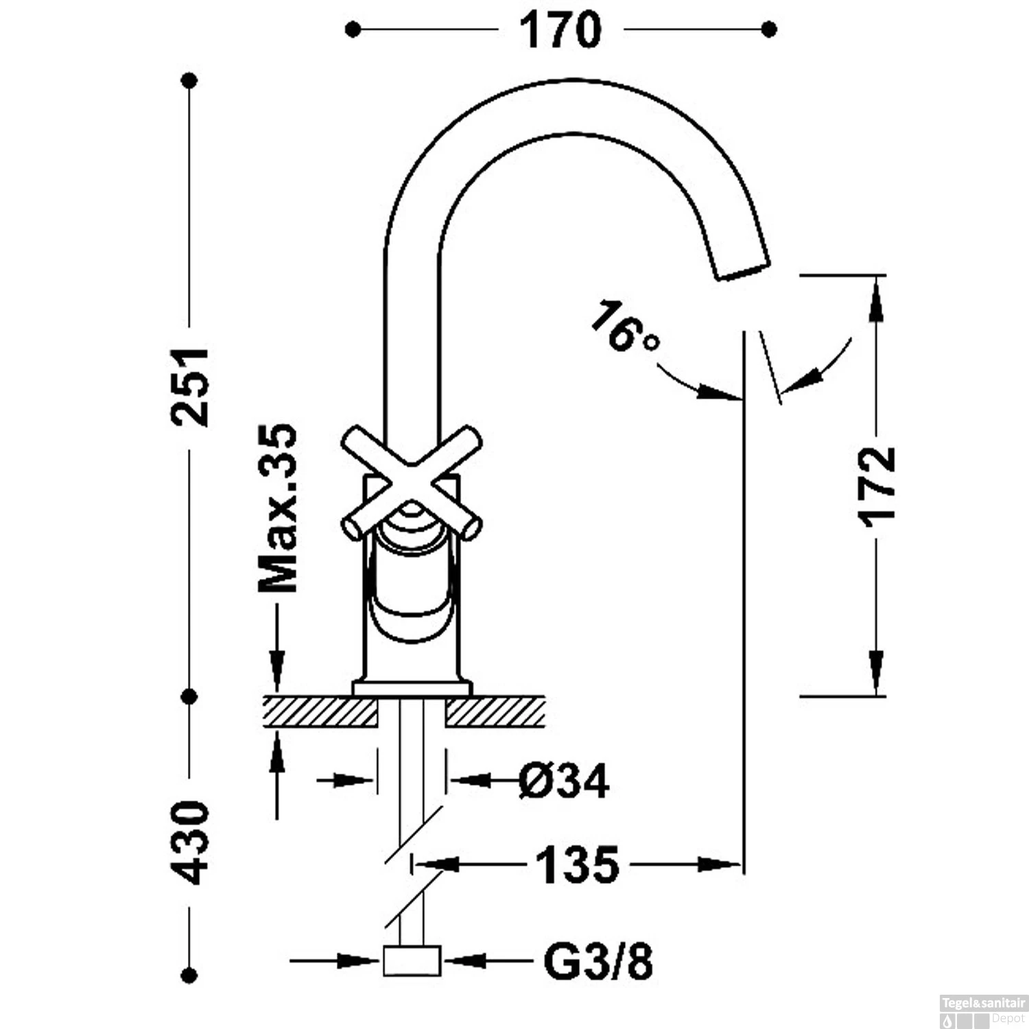 Wastafelmengkraan Tres Mont Blanc 2-Kruisgreep Mat Goud 4 Wastafelmengkraan Tres Mont Blanc 2-Kruisgreep Mat Goud - Afbeelding 2