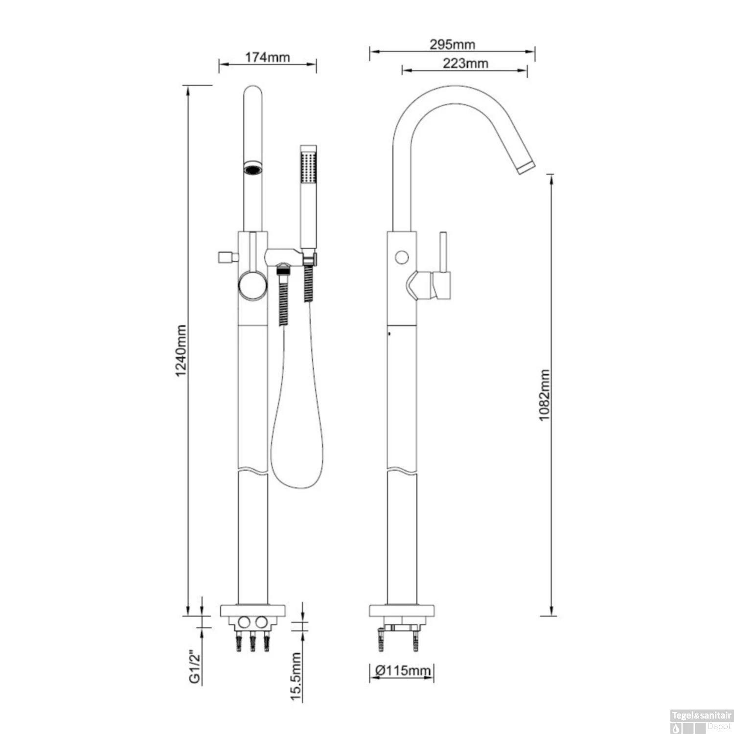 Vrijstaande Badmengkraan Wiesbaden Caral Geborsteld Staal 4 Vrijstaande Badmengkraan Wiesbaden Caral Geborsteld Staal - Afbeelding 2