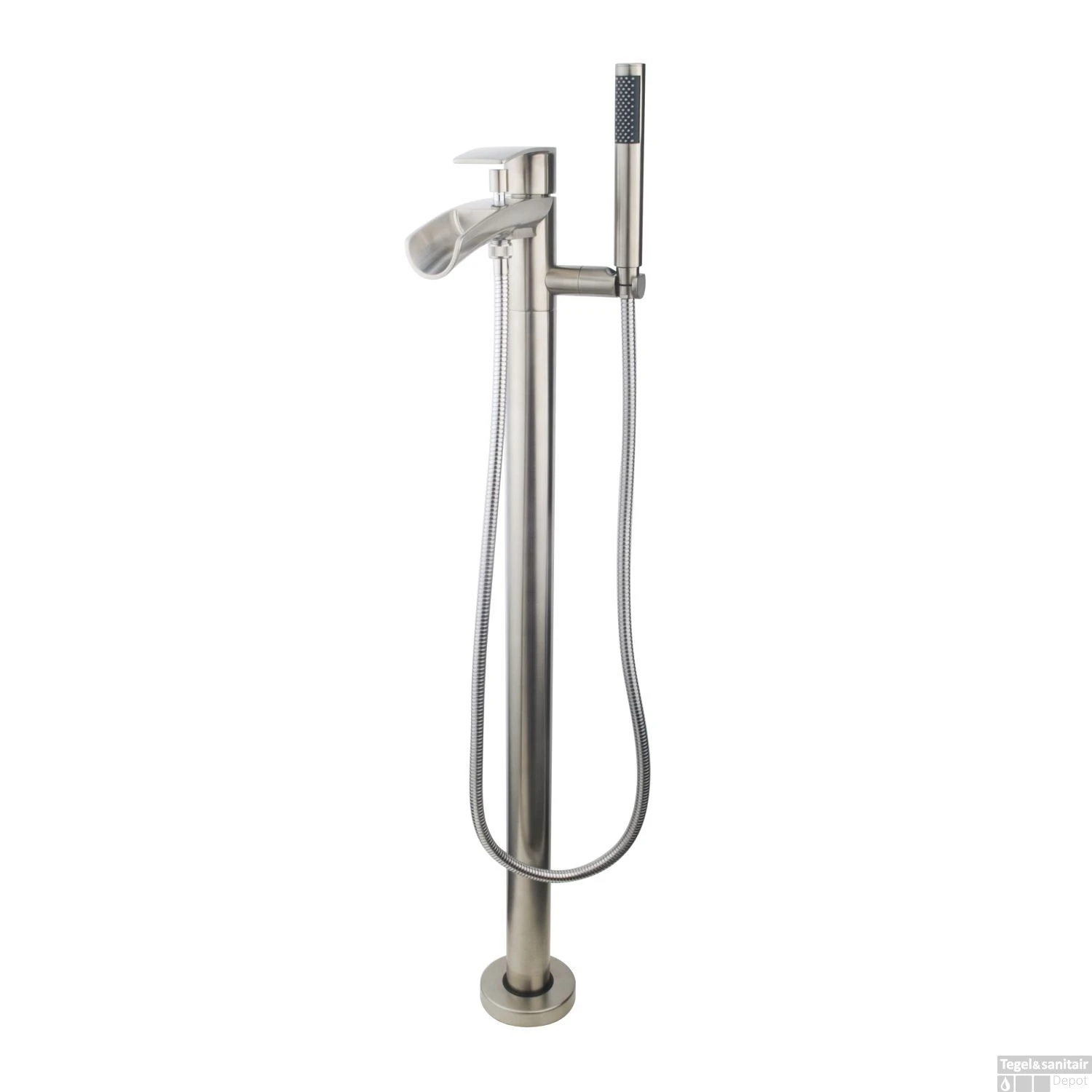 Vrijstaande Badmengkraan Wiesbaden Waterval Geborsteld Staal 3 Vrijstaande Badmengkraan Wiesbaden Waterval Geborsteld Staal