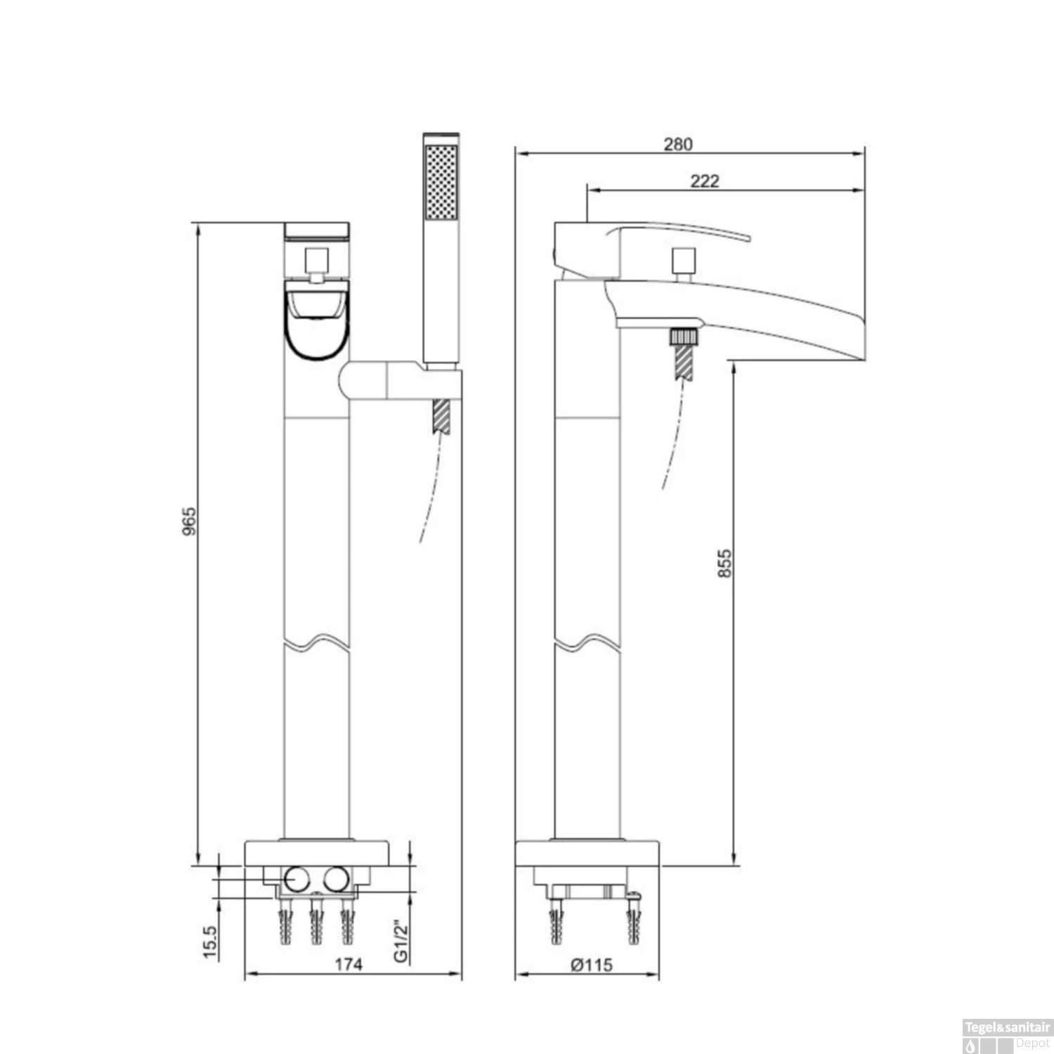 BWS Vrijstaande Badmengkraan Met Waterval Geborsteld Staal 4 BWS Vrijstaande Badmengkraan Met Waterval Geborsteld Staal - Afbeelding 2