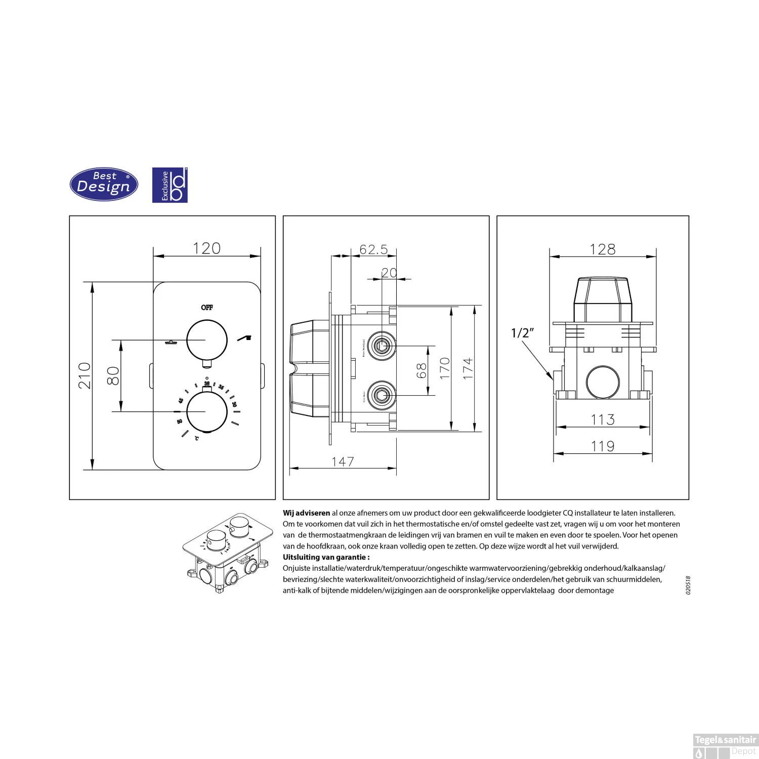 Douchekraan Inbouw Best Design White Thermostaatkraan 2-weg Mat Wit (incl. Inbouwdeel) - Afbeelding 3