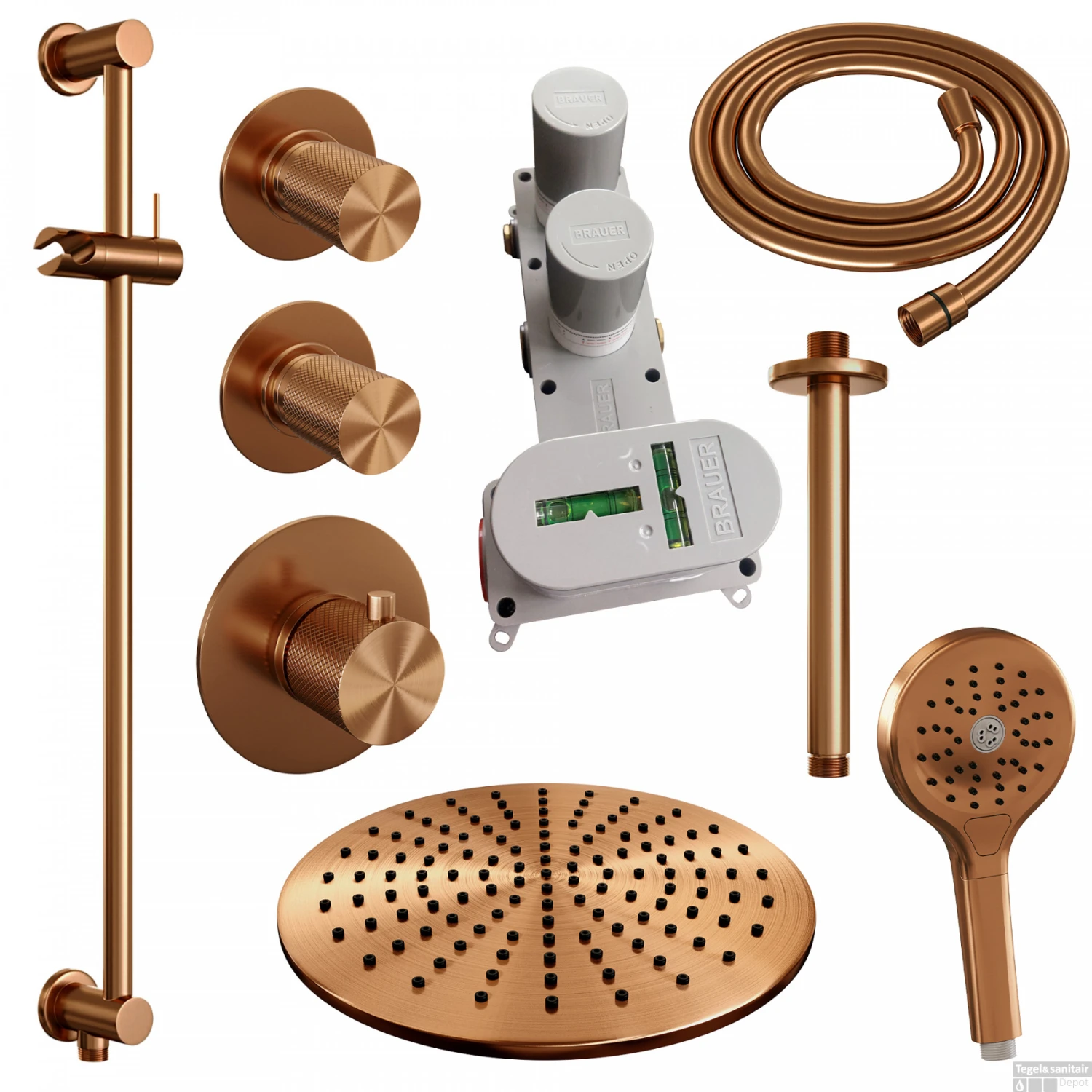 Regendoucheset Inbouw Brauer Copper Carving Thermostatisch 30cm Met Plafondarm, Glijstang En Handdouche 3-Standen Geborsteld Koper 4 Regendoucheset Inbouw Brauer Copper Carving Thermostatisch 30cm Met Plafondarm, Glijstang En Handdouche 3-Standen Geborsteld Koper - Afbeelding 2