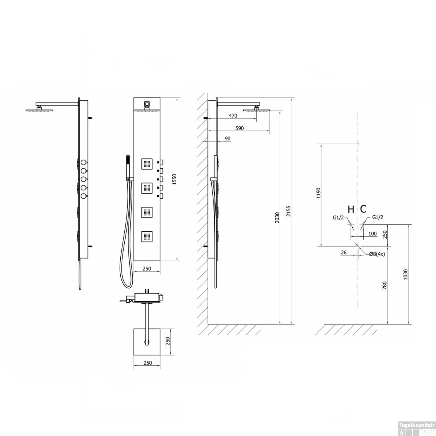 Douchepaneel Sapho 5Side 155x25 Cm Mengkraan Vierkant Aluminium 8 Douchepaneel Sapho 5Side 155x25 Cm Mengkraan Vierkant Aluminium - Afbeelding 6