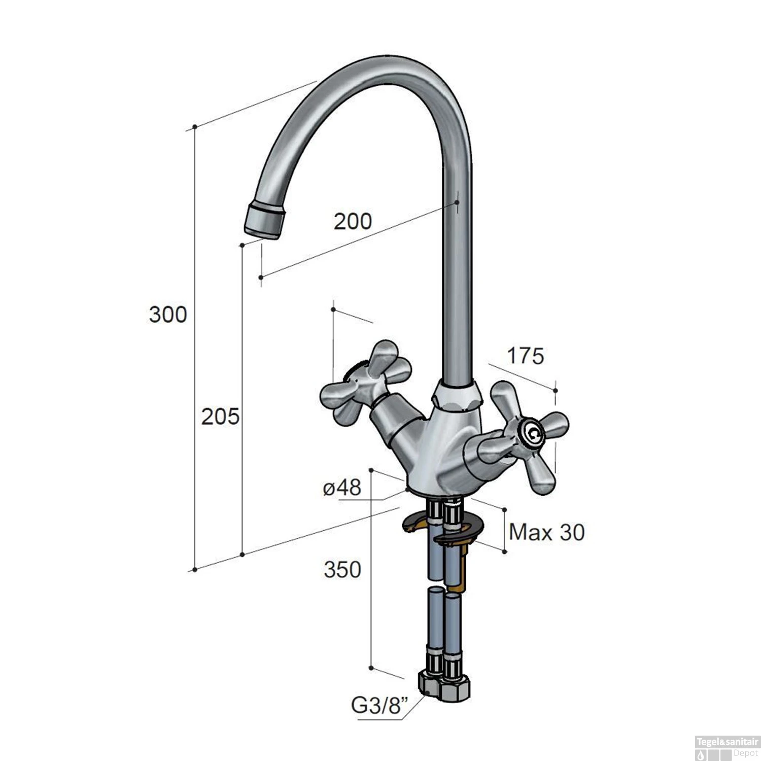 Keukenmengkraan Hotbath Amice 2-kruisgreep Draaibare Uitloop Geborsteld Nikkel - Afbeelding 3