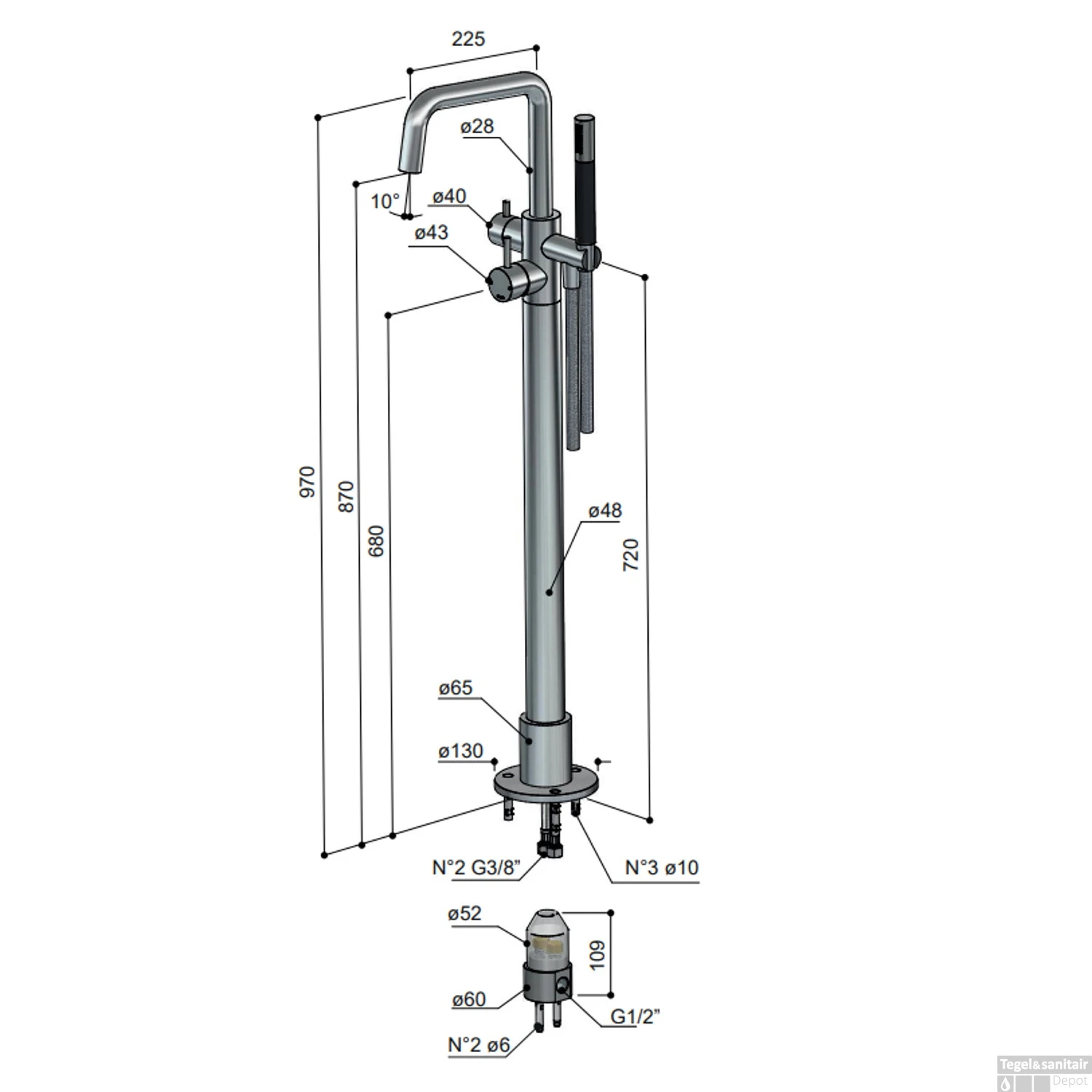 Afbouwdeel Hotbath Archie Vrijstaande Badmengkraan Draaibare Uitloop Geborsteld Koper PVD - Afbeelding 2