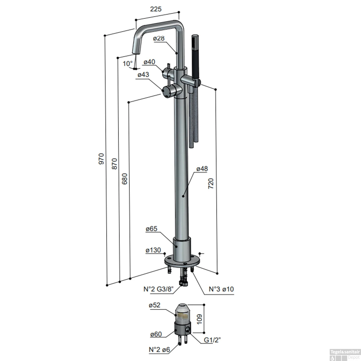 Afbouwdeel Hotbath Archie Vrijstaande Badmengkraan Draaibare Uitloop RVS316 3 Afbouwdeel Hotbath Archie Vrijstaande Badmengkraan Draaibare Uitloop RVS316 - Afbeelding 2