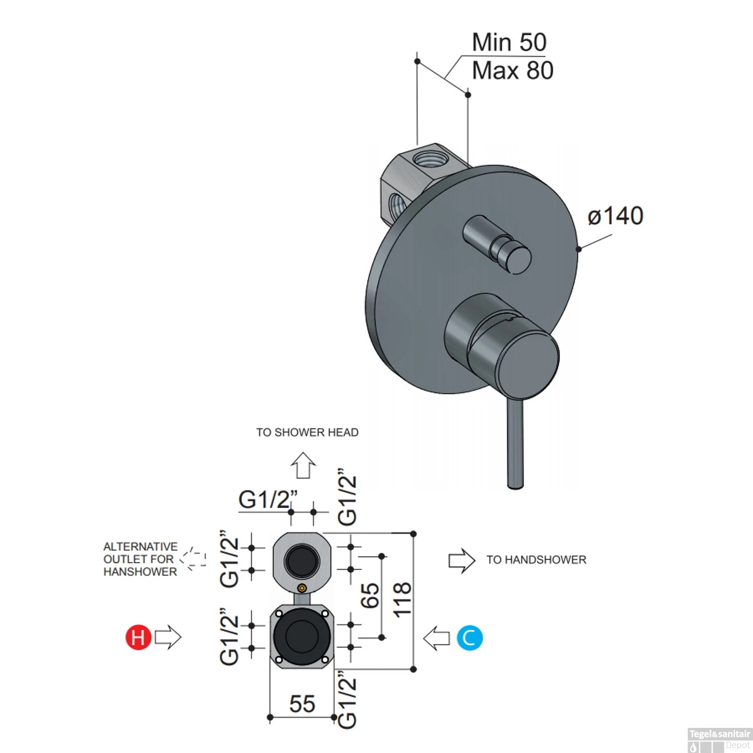 Douche/Badmengkraan Hotbath Buddy Inbouw Omstelrichting Chroom (incl. Inbouwdeel) 6 Douche/Badmengkraan Hotbath Buddy Inbouw Omstelrichting Chroom (incl. Inbouwdeel) - Afbeelding 4