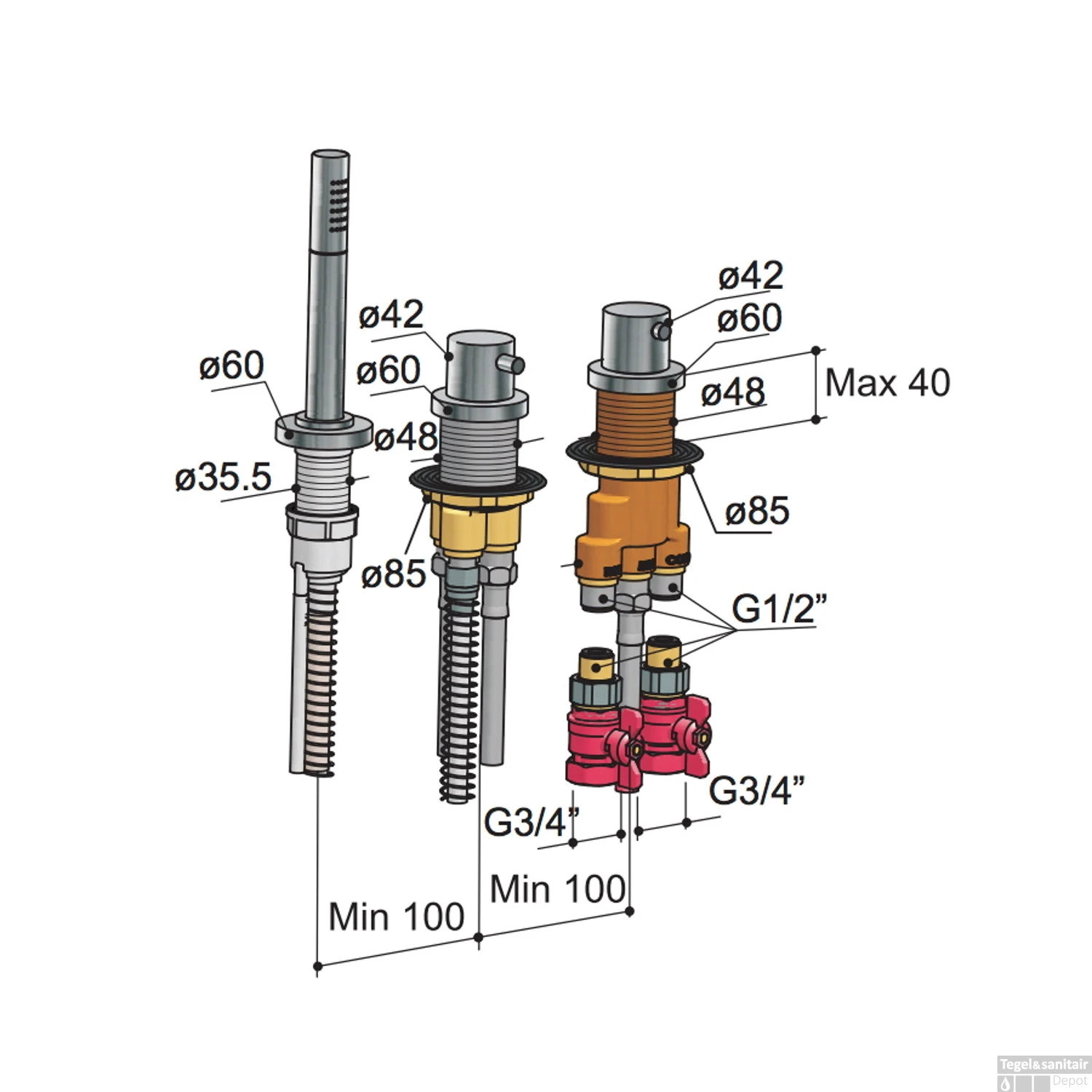 Thermostaatkraan Hotbath Buddy 2-knop Badrand 3-gats Geborsteld Nikkel 5 Thermostaatkraan Hotbath Buddy 2-knop Badrand 3-gats Geborsteld Nikkel - Afbeelding 3