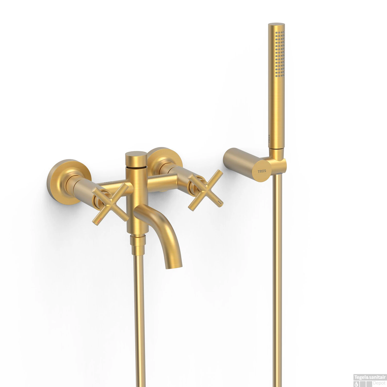 Bad- En Douchemengkraan Tres Mont Blanc 2-Kruisgreep Met Staafhanddouche Mat Goud