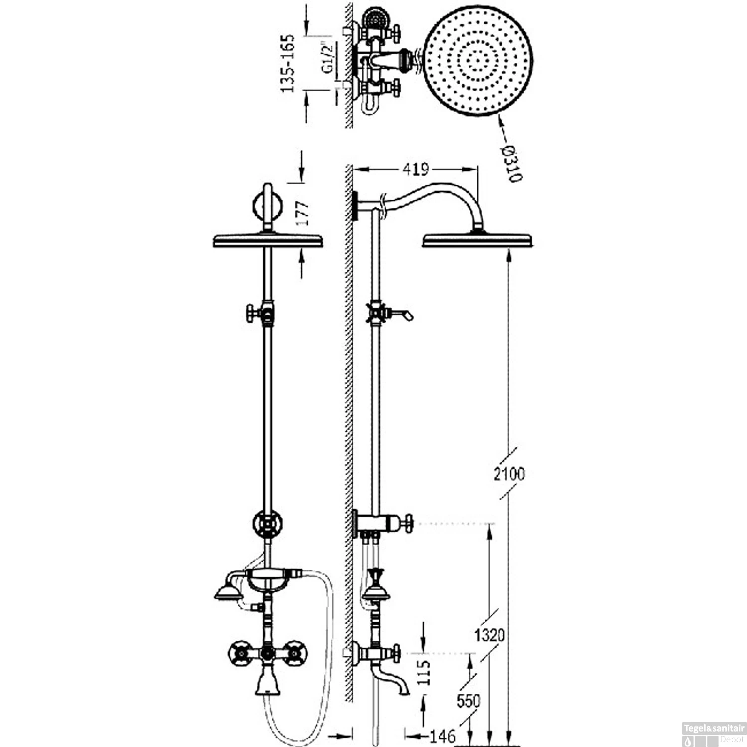 Bad/Douche Combinatie Opbouwset Tres Clasic Mengkraan Verouderd Messing Mat 4 Bad/Douche Combinatie Opbouwset Tres Clasic Mengkraan Verouderd Messing Mat - Afbeelding 2
