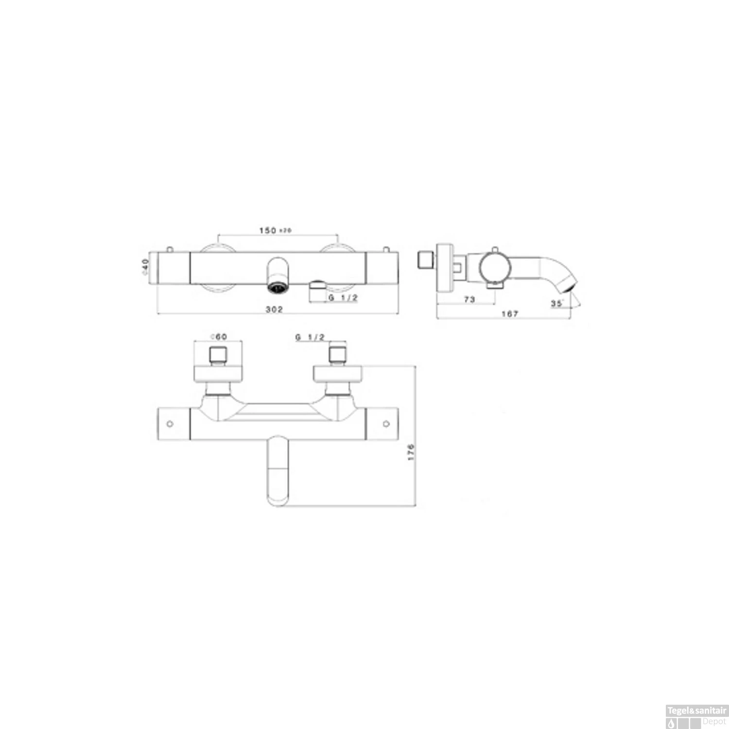 Badkraan Thermostatisch Plieger Napoli Met Omstel HOH 15cm Cool Body RVS - Afbeelding 2
