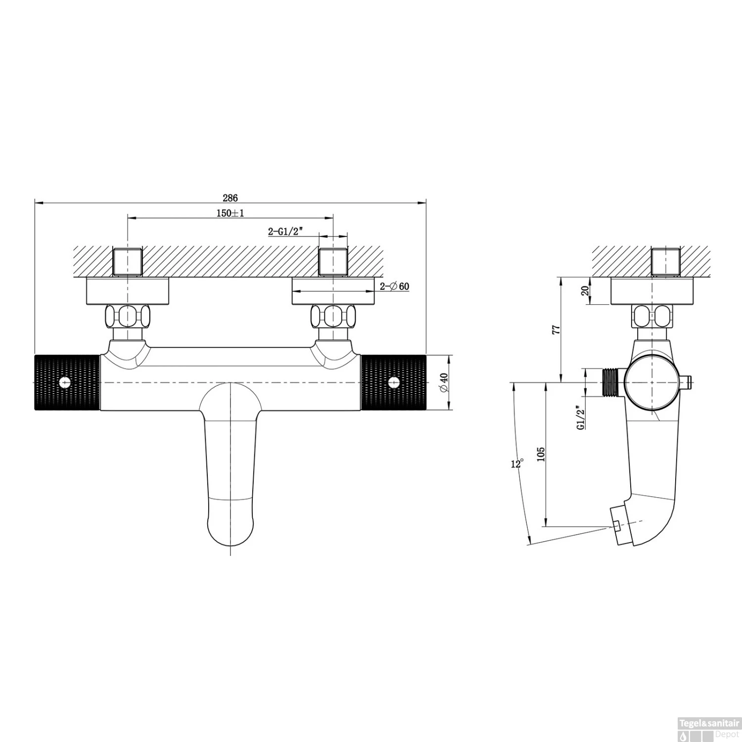 Badmengkraan Thermostatisch Wiesbaden Ribbd Hartafstand 15 Cm Mat Zwart 5 Badmengkraan Thermostatisch Wiesbaden Ribbd Hartafstand 15 Cm Mat Zwart - Afbeelding 3