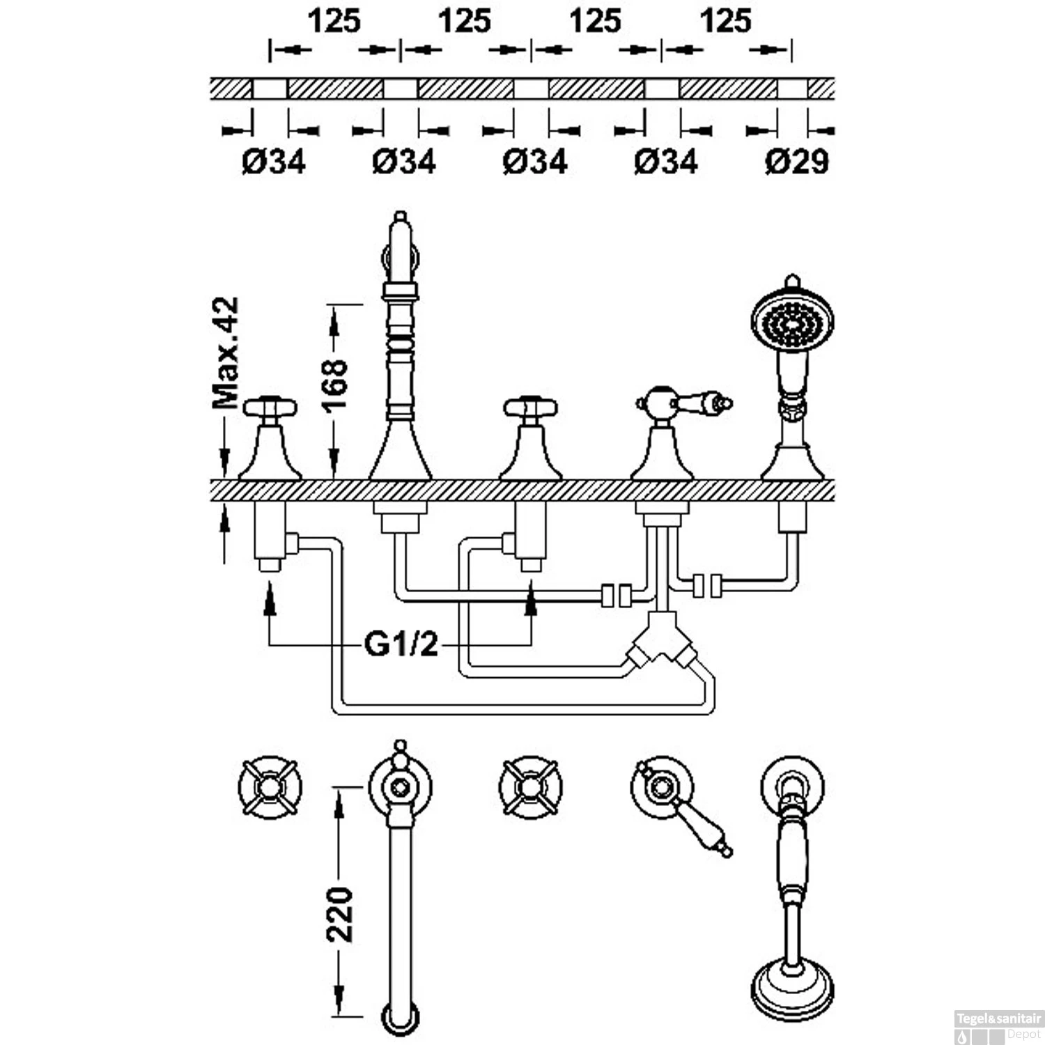 Badrandkraan Tres Clasic Mengkraan Incl. Omstelknop En Handdouche Verouderd Messing Mat - Afbeelding 2