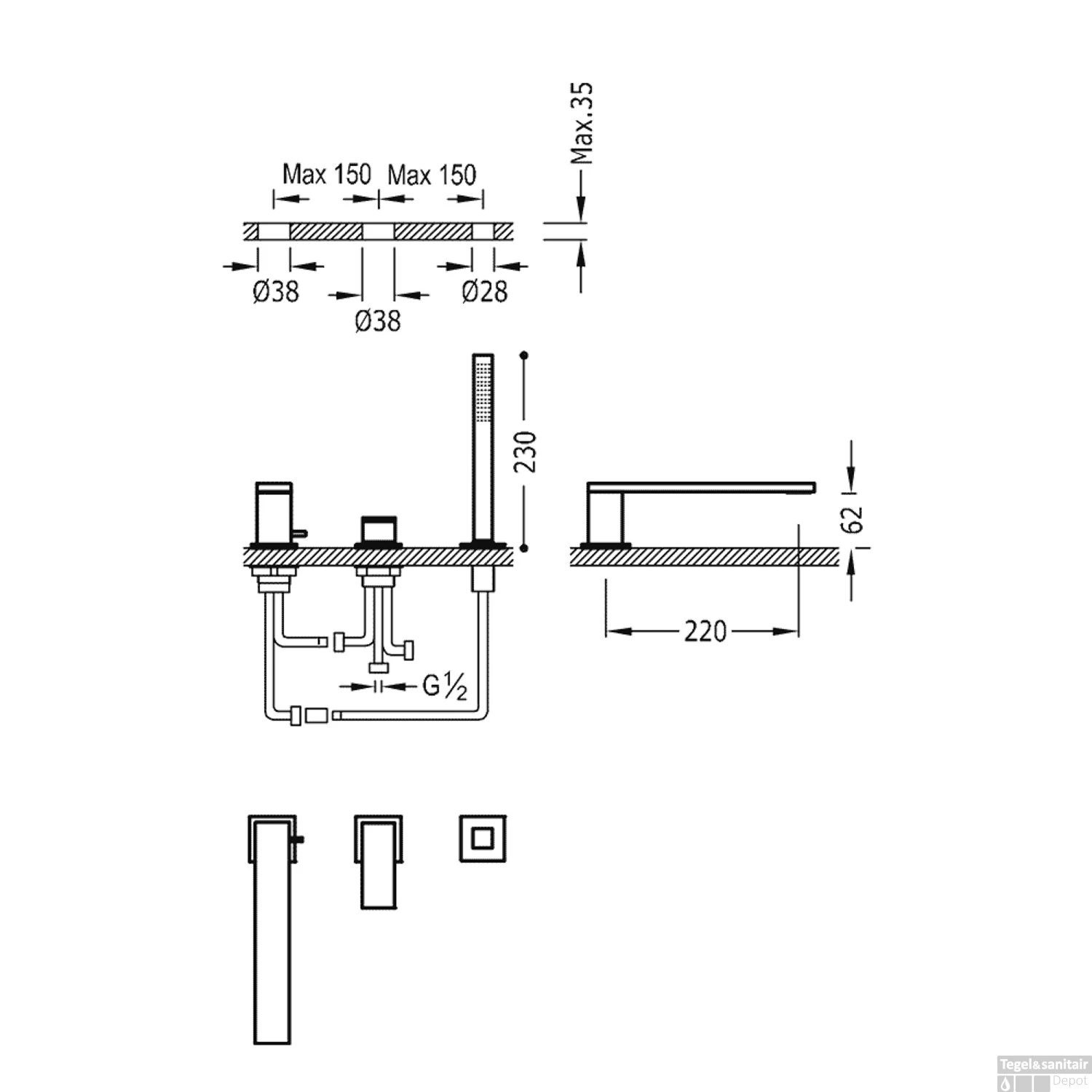 Badrandkraan Tres Cuadro Exclusive Met Handdoucheset Lange Rechte Uitloop 22 Cm RVS - Afbeelding 2