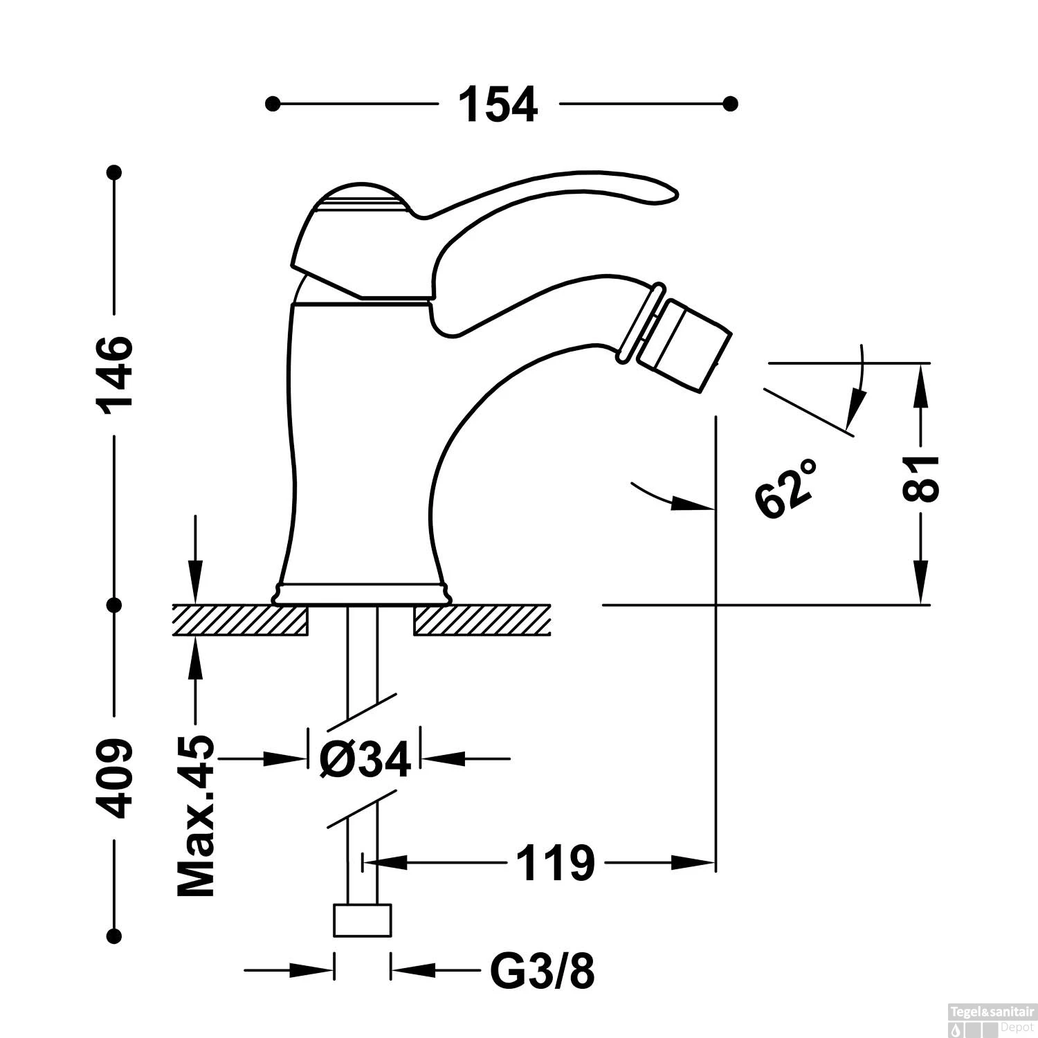 Bidetmengkraan Tres Clasic 1-hendel RVS 4 Bidetmengkraan Tres Clasic 1-hendel RVS - Afbeelding 2