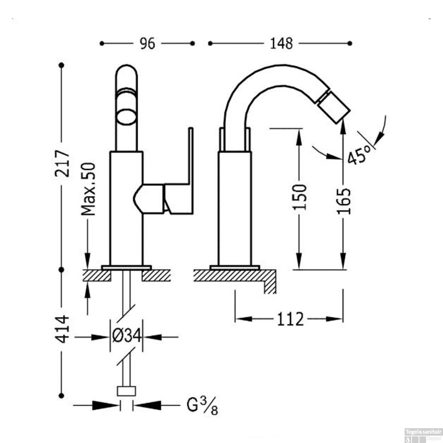 Bidetmengkraan Tres Loft Colors 1-Hendel Bidet Uitloop Gebogen 16,5 Cm Rond Zwart Chroom - Afbeelding 2