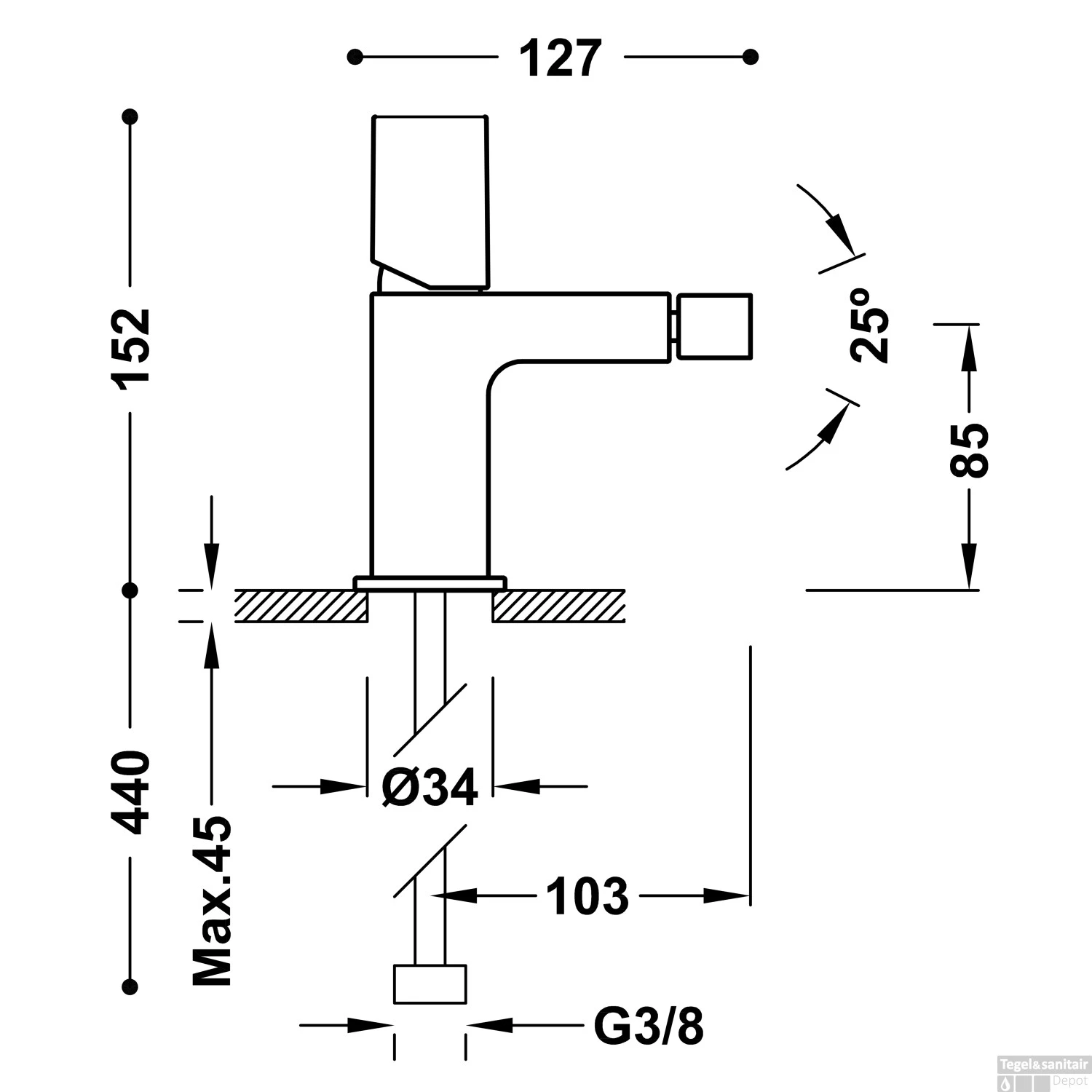 Bidetmengkraan Tres Project 1-Knop Uitloop Recht 8,5 Cm Rond Mat Wit - Afbeelding 2