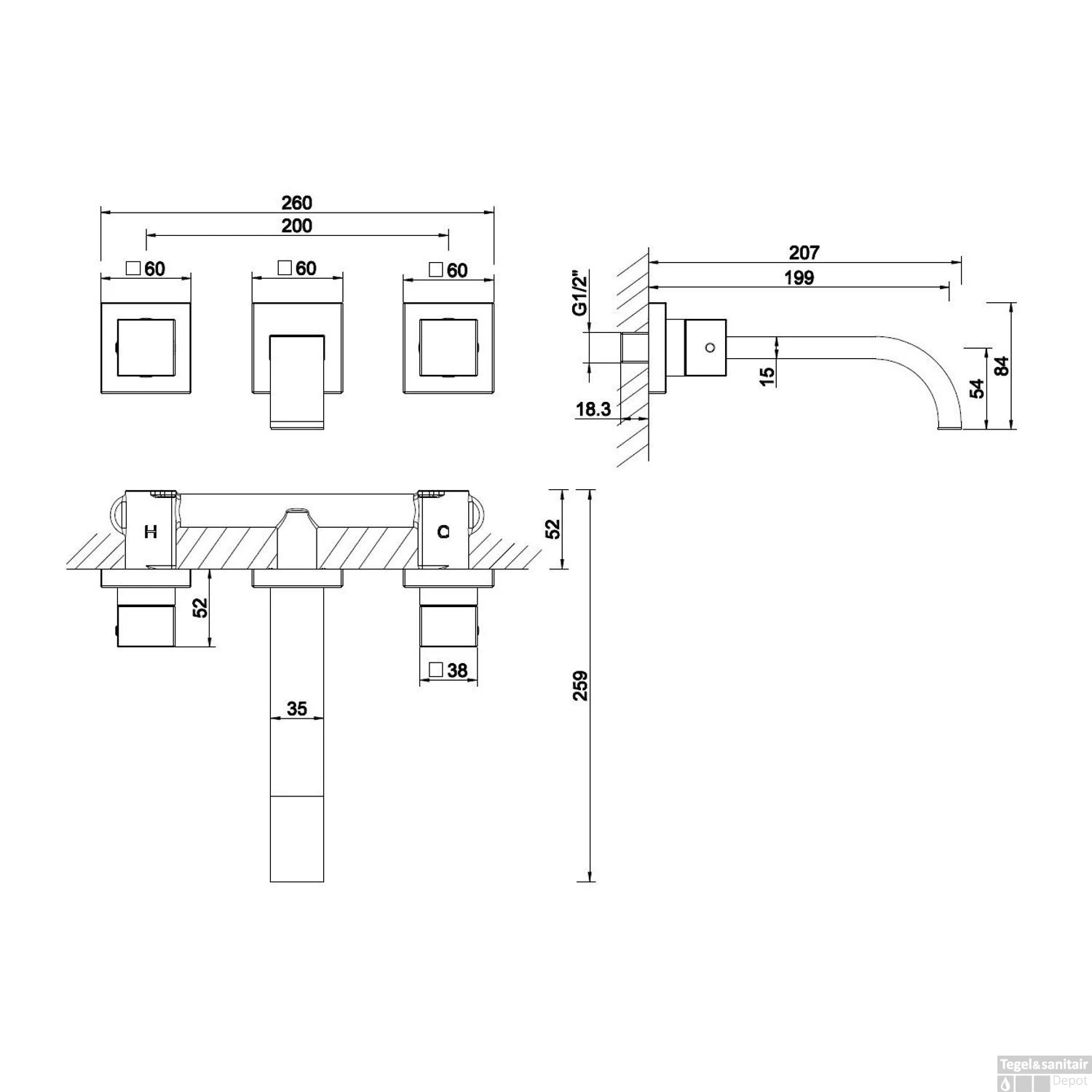 BWS Afbouwdeel Square 2-Knops Chroom Tbv Wastafelmengkraan Inbouwdeel Uni 4 BWS Afbouwdeel Square 2-Knops Chroom Tbv Wastafelmengkraan Inbouwdeel Uni - Afbeelding 2