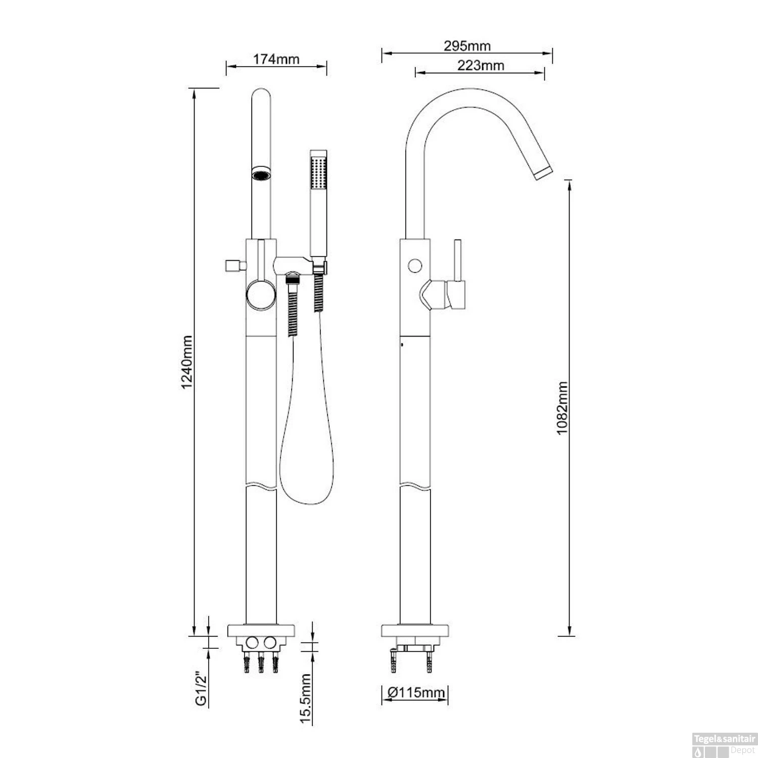 BWS Badkraan Cemal Vrijstaand Mengkraan Compleet Mat Zwart 4 BWS Badkraan Cemal Vrijstaand Mengkraan Compleet Mat Zwart - Afbeelding 2