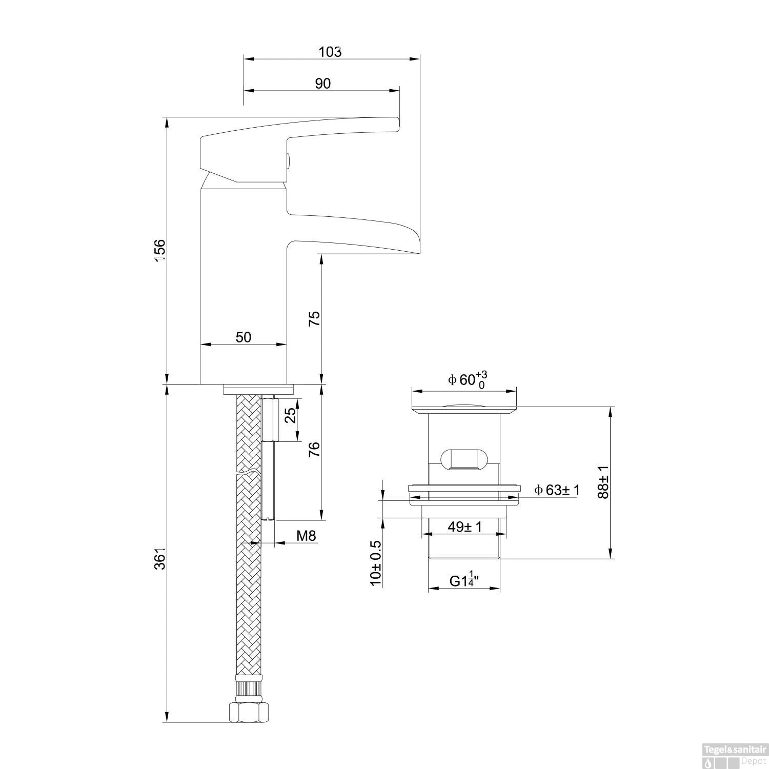 BWS Wastafelmengkraan Square Met Waterval En Clickwaste Geborsteld Staal - Afbeelding 2