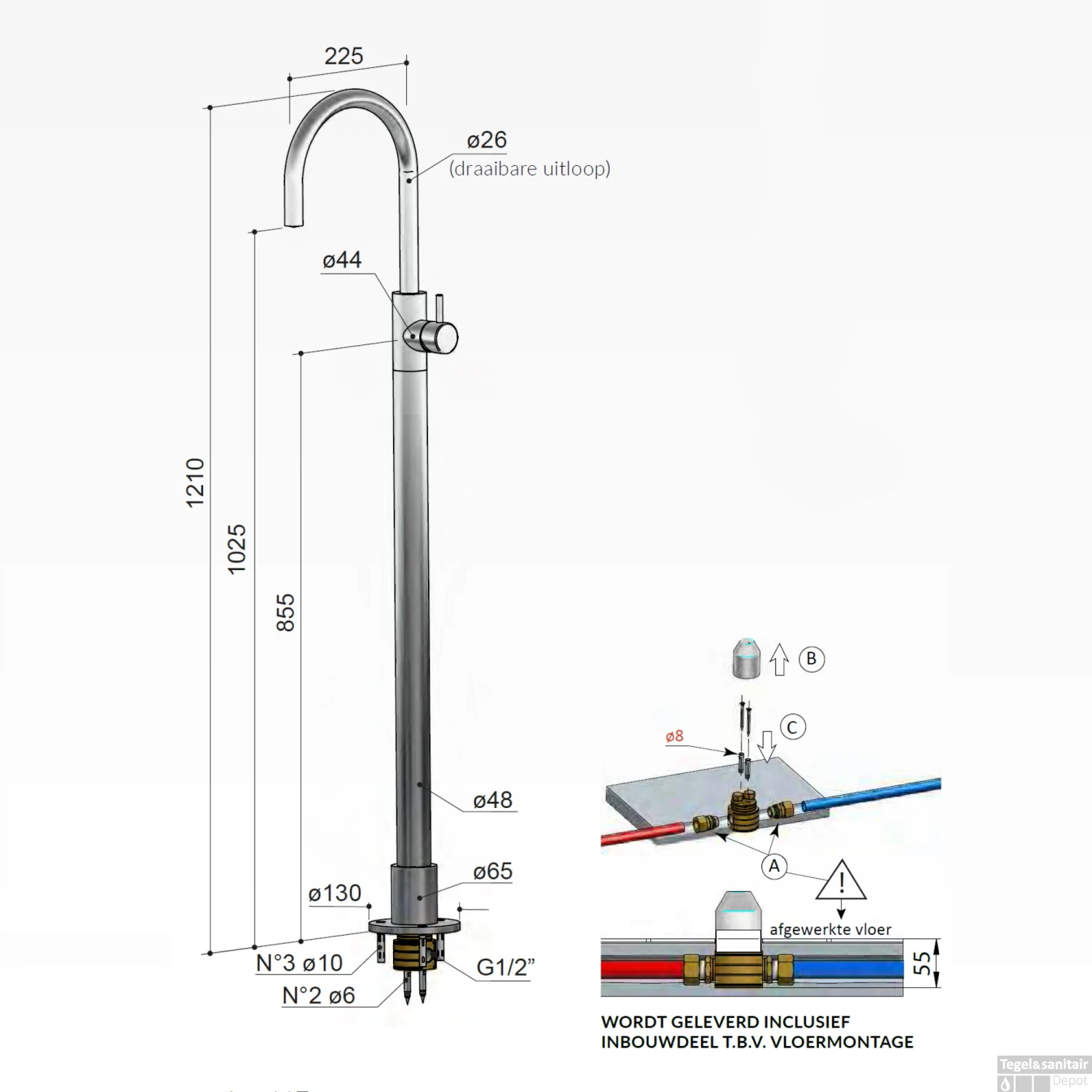 Vrijstaande Wastafelmengkraan Hotbath Cobber 1-hendel Gebogen 121 Cm Geborsteld Messing - Afbeelding 4