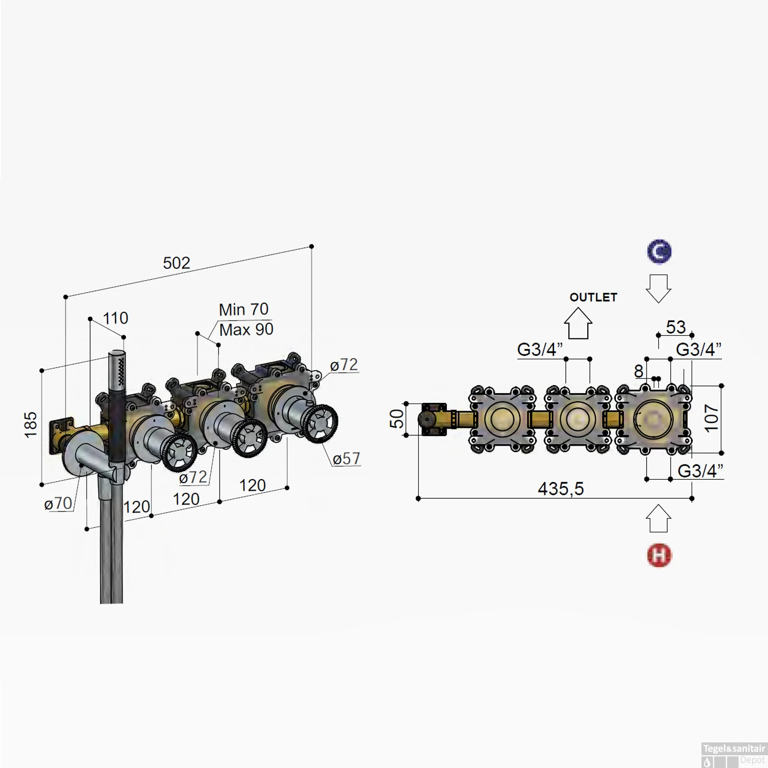 Thermostatische Douche/Badkraan Hotbath Cobber @Work Inbouw Met 2 Stopkranen En Handdouche Geborsteld Nikkel - Afbeelding 3