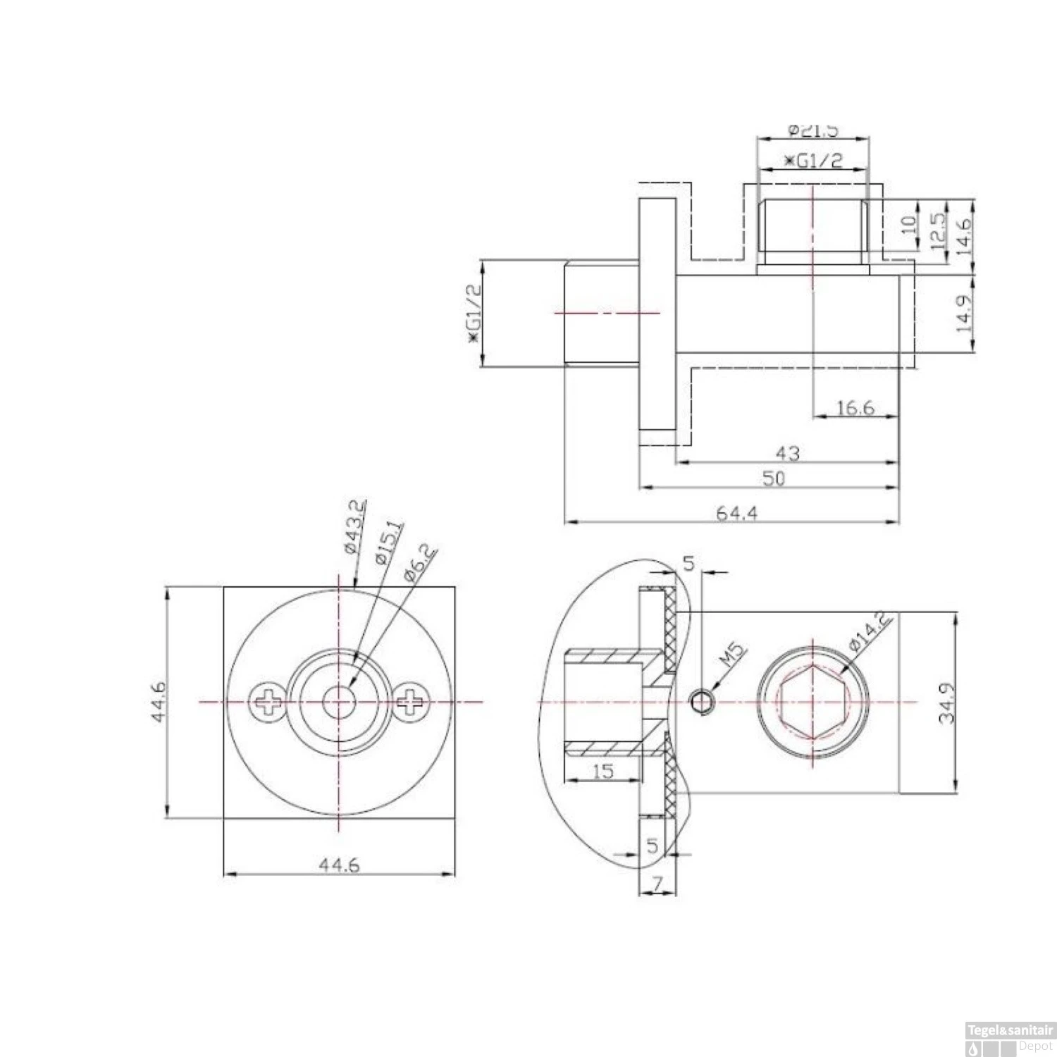 Doucheaansluiting Boss & Wessing Cemal Vierkant 1/2'' Chroom 4 Doucheaansluiting Boss & Wessing Cemal Vierkant 1/2'' Chroom - Afbeelding 2