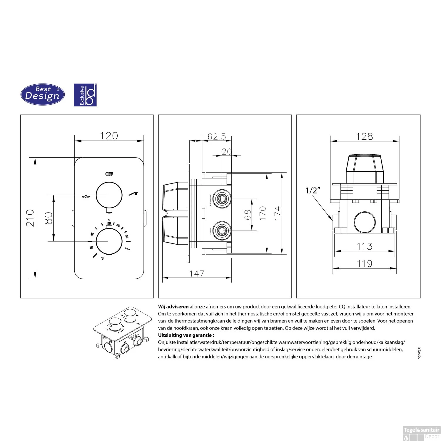 Douchekraan Inbouw Best Design Moya Thermostaatkraan 2-weg Gunmetal (incl. Inbouwdeel) 5 Douchekraan Inbouw Best Design Moya Thermostaatkraan 2-weg Gunmetal (incl. Inbouwdeel) - Afbeelding 3