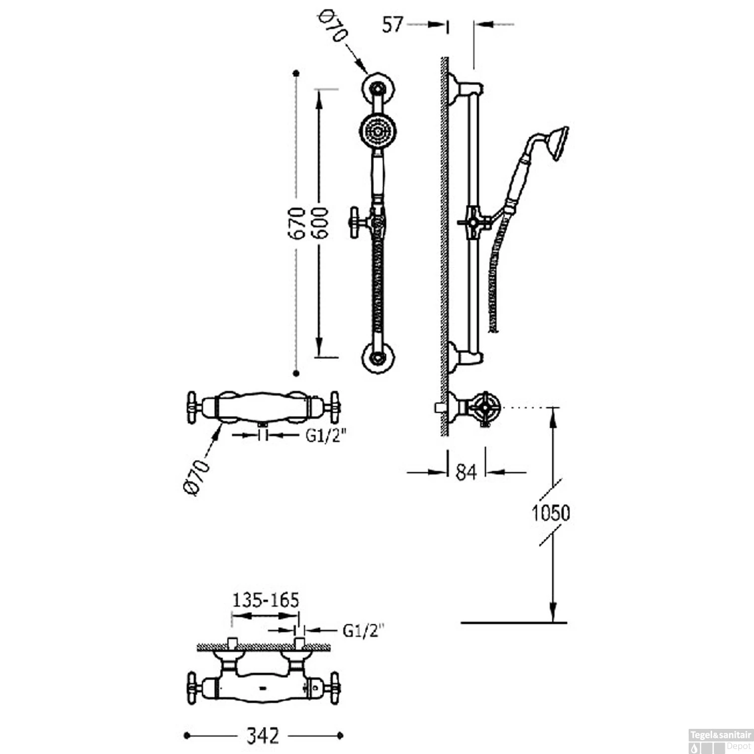 Douchekraan Tres Clasic Thermostatisch Set Incl. Glijstang En Handdouche Verouderd Messing Mat - Afbeelding 2