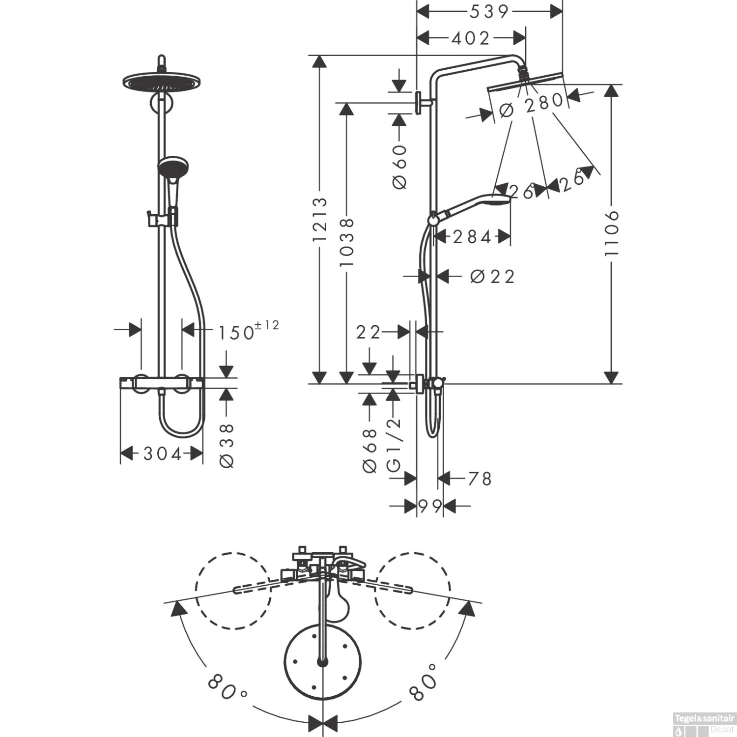Doucheset Croma Select S 280 HansGrohe Met Thermostaat 1 Jet Chroom - Afbeelding 2