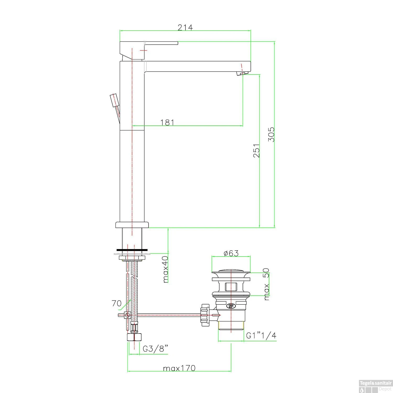 Wastafelmengkraan Sapho Espada 1-hendel Verlengde Uitloop 30.5 Cm Chroom (incl. Clickwaste) - Afbeelding 4