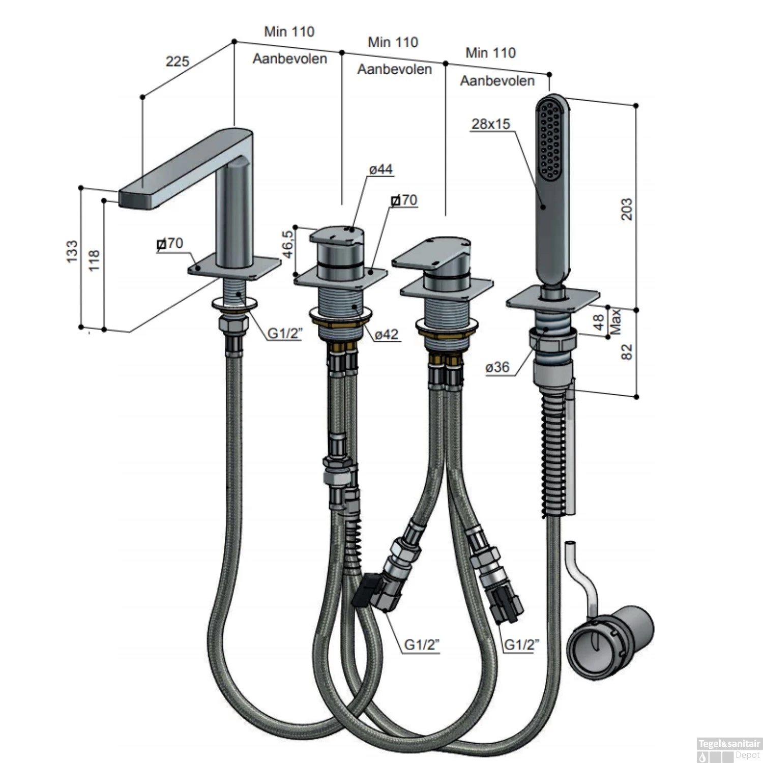 Badrandkraan Hotbath Gal Mengkraan Met 2-Weg Omstel Met Uitloop Mat Zwart - Afbeelding 2