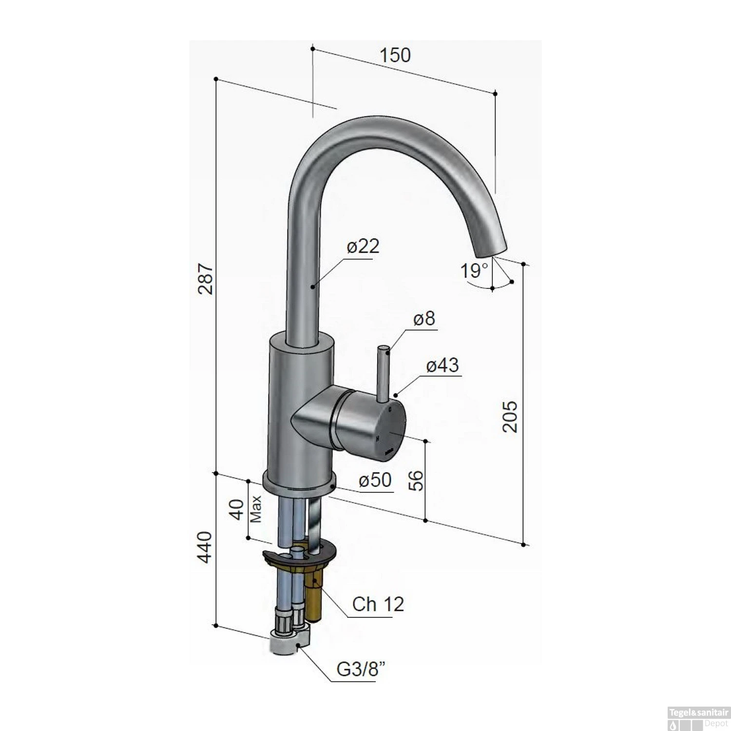 Hotbath Archie Wastafelmengkraan Met Draaibare Uitloop Zonder Waste RVS 316 AR004IX - Afbeelding 3