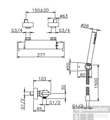 Huber Tratto Douchethermostaatkraan Met Douchegarnituur Chroom TT.D01010.21 3 Huber Tratto Douchethermostaatkraan Met Douchegarnituur Chroom TT.D01010.21