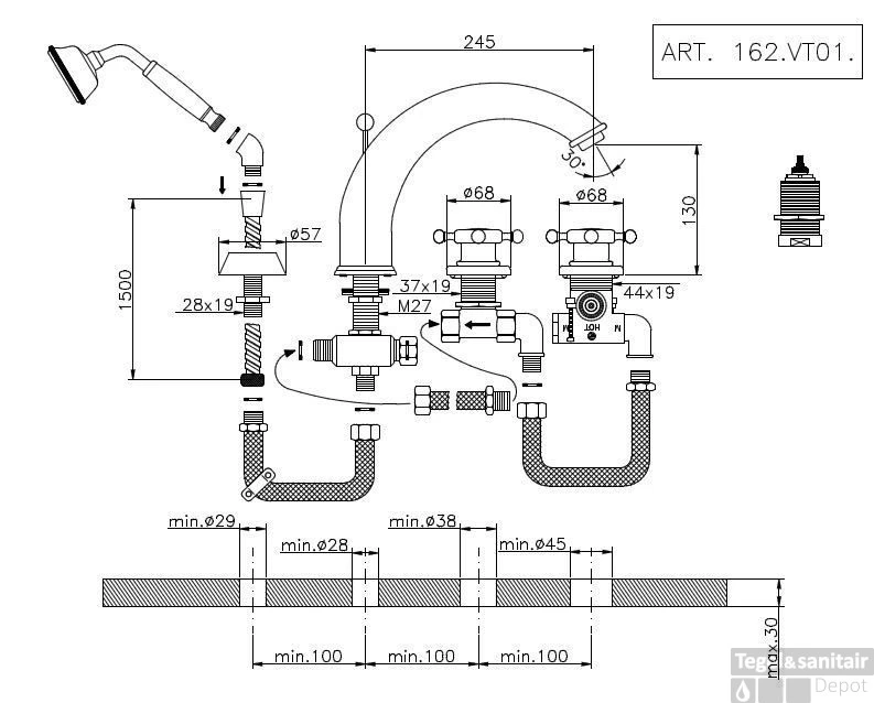 Huber Victorian 4 Gats Thermostatische Badkraan Met Douchegarnituur RVS 162VT01HNS 3 Huber Victorian 4 Gats Thermostatische Badkraan Met Douchegarnituur RVS 162VT01HNS
