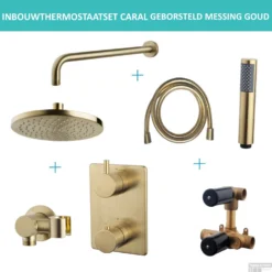 Inbouwthermostaatset Wiesbaden Caral Rond 20cm Muuruitloop Geborsteld Messing Goud PVD Coating