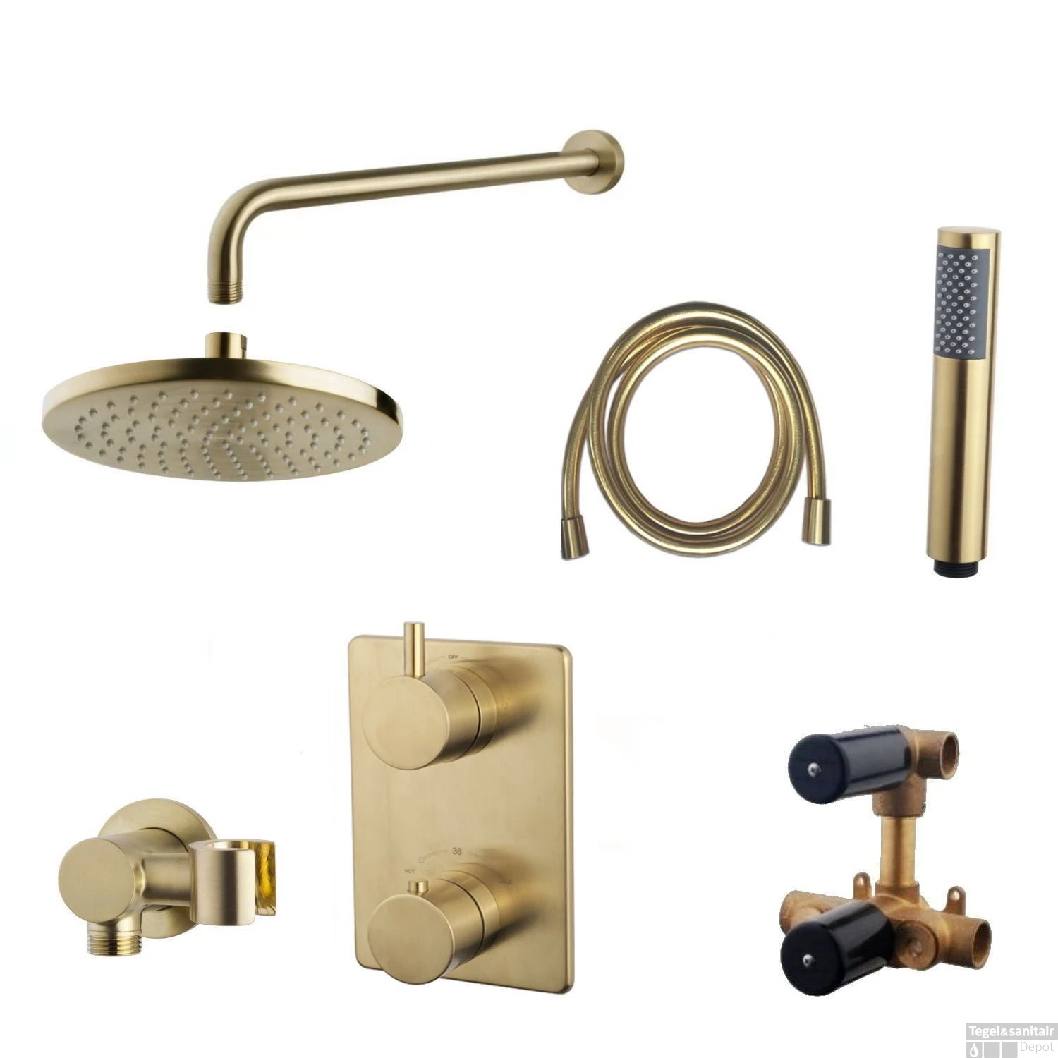 Inbouwthermostaatset Wiesbaden Caral Rond 20cm Muuruitloop Geborsteld Messing Goud PVD Coating 4 Inbouwthermostaatset Wiesbaden Caral Rond 20cm Muuruitloop Geborsteld Messing Goud PVD Coating - Afbeelding 2