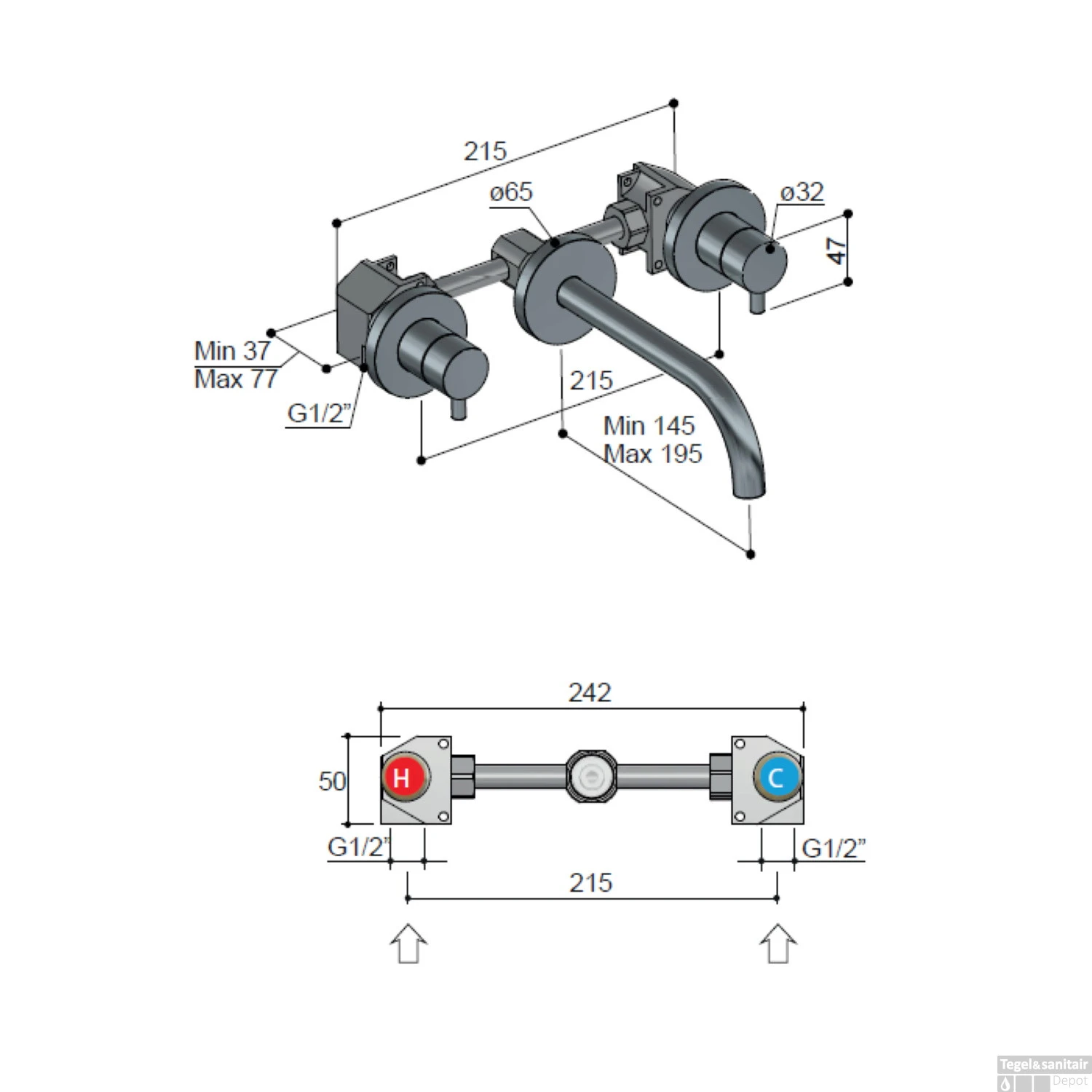 Wastafelkraan Hotbath Laddy Inbouw 3-Gats Geborsteld Nikkel 6 Wastafelkraan Hotbath Laddy Inbouw 3-Gats Geborsteld Nikkel - Afbeelding 4