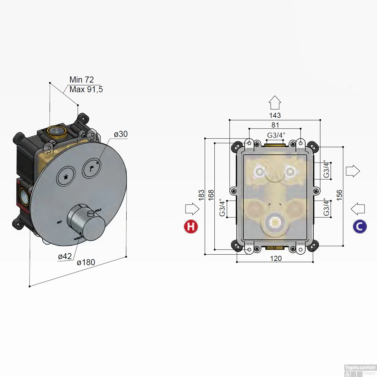 Douchethermostaat Hotbath Cobber Inbouw 2 Pushbuttons Rond Geborsteld Messing (excl. Inbouwdeel) 5 Douchethermostaat Hotbath Cobber Inbouw 2 Pushbuttons Rond Geborsteld Messing (excl. Inbouwdeel) - Afbeelding 3