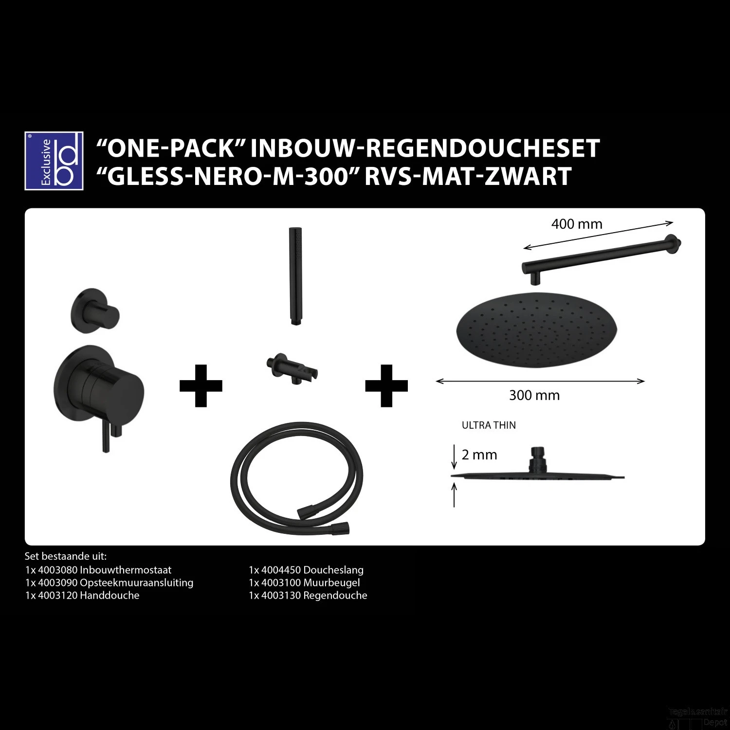 Regendoucheset Best Design Gless Nero M300 RVS Mat Zwart 4 Regendoucheset Best Design Gless Nero M300 RVS Mat Zwart - Afbeelding 2