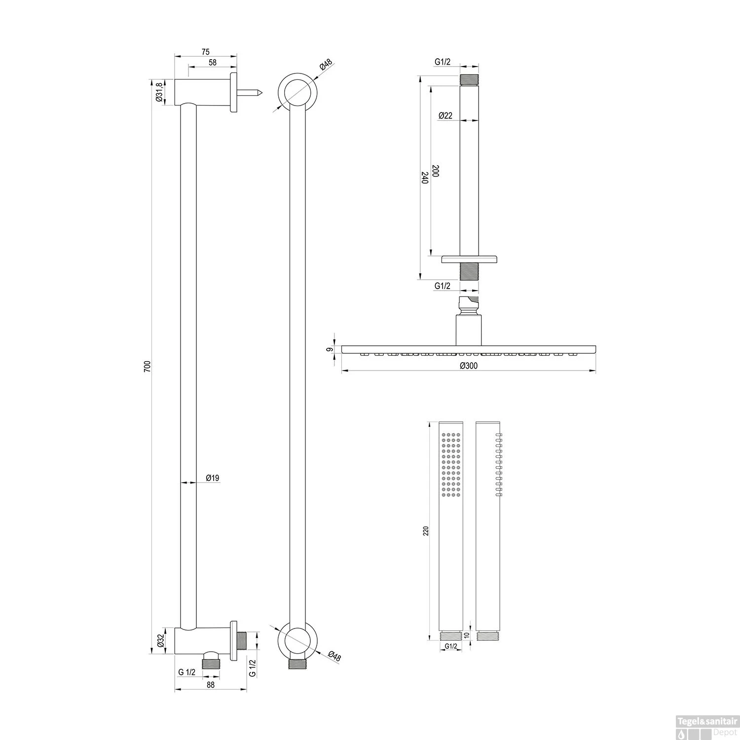 Regendoucheset Inbouw Brauer Black Carving Thermostatisch 30cm Met Plafondarm, Glijstang En Handdouche Staaf Losse Stopkranen Mat Zwart - Afbeelding 12