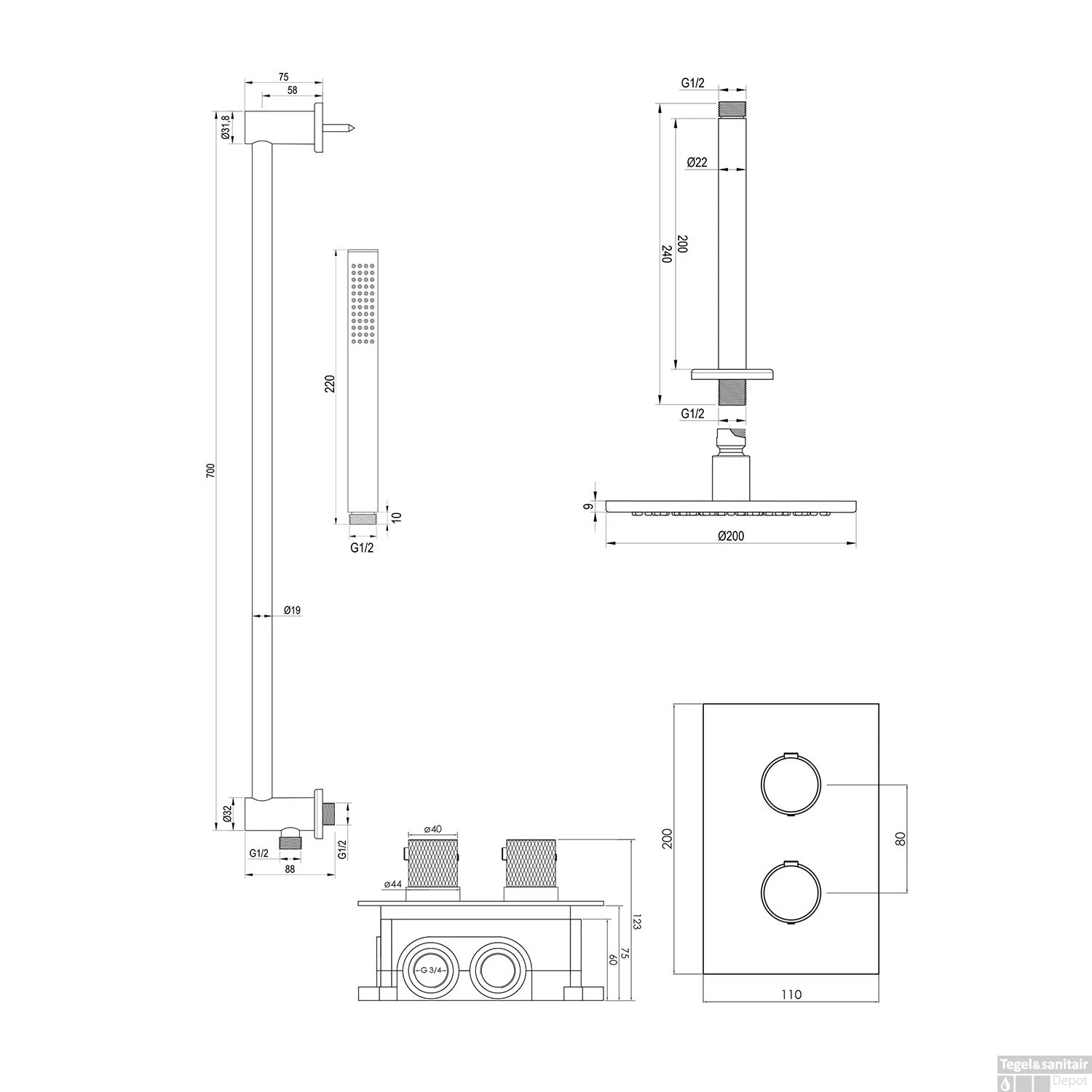 Regendoucheset Inbouw Brauer Brushed Carving Thermostatisch 20cm Met 3-Weg Omstelling, Plafondarm, Glijstang En Staaf Handdouche Geborsteld RVS 14 Regendoucheset Inbouw Brauer Brushed Carving Thermostatisch 20cm Met 3-Weg Omstelling, Plafondarm, Glijstang En Staaf Handdouche Geborsteld RVS - Afbeelding 12