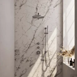 Regendoucheset Inbouw Brauer Brushed Carving Thermostatisch 30cm Met Wandarm, Glijstang En Handdouche Staaf Losse Stopkranen Geborsteld RVS