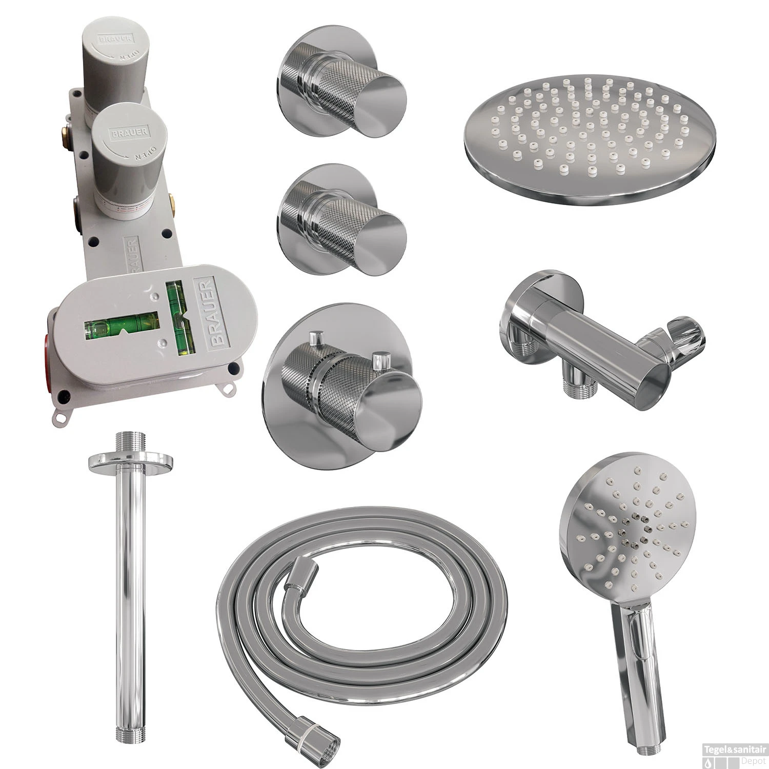 Regendoucheset Inbouw Brauer Chrome Carving Thermostatisch 20cm Met Plafondarm En Handdouche 3-Standen Losse Stopkranen Chroom 6 Regendoucheset Inbouw Brauer Chrome Carving Thermostatisch 20cm Met Plafondarm En Handdouche 3-Standen Losse Stopkranen Chroom - Afbeelding 4