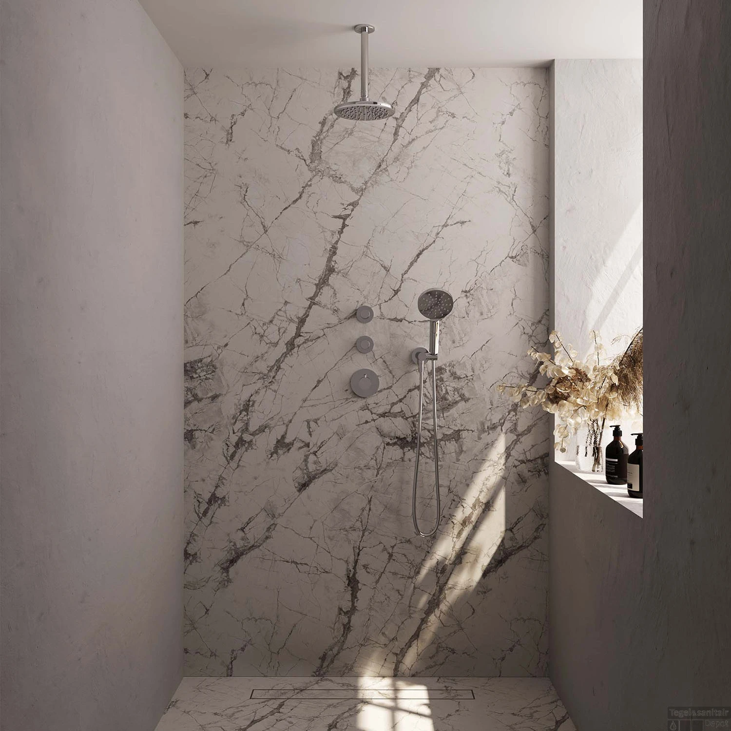 Regendoucheset Inbouw Brauer Chrome Carving Thermostatisch 20cm Met Plafondarm En Handdouche 3-Standen Losse Stopkranen Chroom 4 Regendoucheset Inbouw Brauer Chrome Carving Thermostatisch 20cm Met Plafondarm En Handdouche 3-Standen Losse Stopkranen Chroom - Afbeelding 2