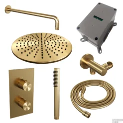 Regendoucheset Inbouw Brauer Gold Carving Thermostatisch 30cm Met 3-Weg Omstelling, Gebogen Wandarm En Staaf Handdouche Geborsteld Goud -Exporteren Badkamer Top Winkel regendoucheset inbouw brauer gold carving thermostatisch 30cm met 3 weg omstelling gebogen shop