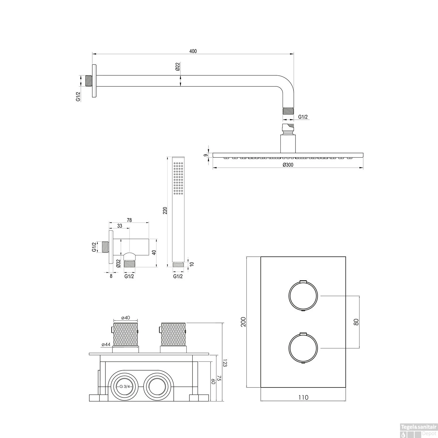 Regendoucheset Inbouw Brauer Gold Carving Thermostatisch 30cm Met 3-Weg Omstelling, Gebogen Wandarm En Staaf Handdouche Geborsteld Goud - Afbeelding 12