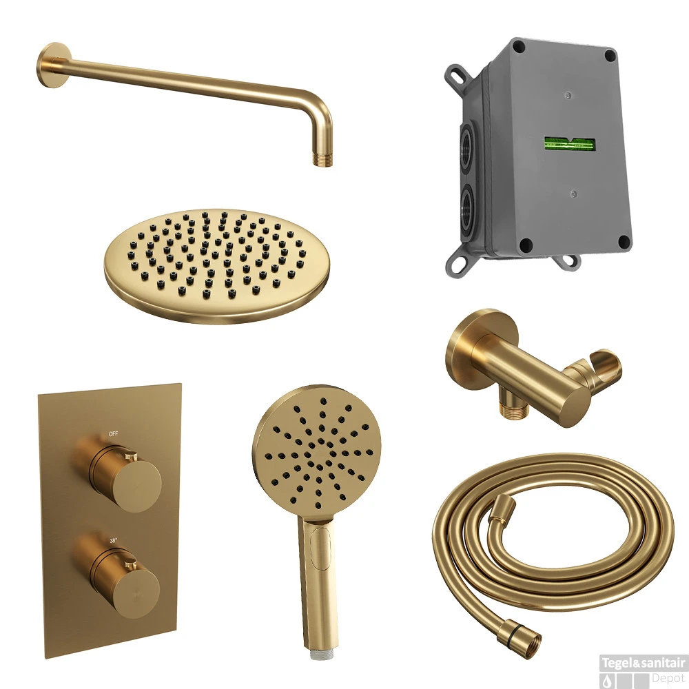 Regendoucheset Inbouw Brauer Gold Edition Thermostatisch 20cm Met 3-Weg Omstelling, Gebogen Wandarm En 3-Standen Handdouche Geborsteld Goud - Afbeelding 2