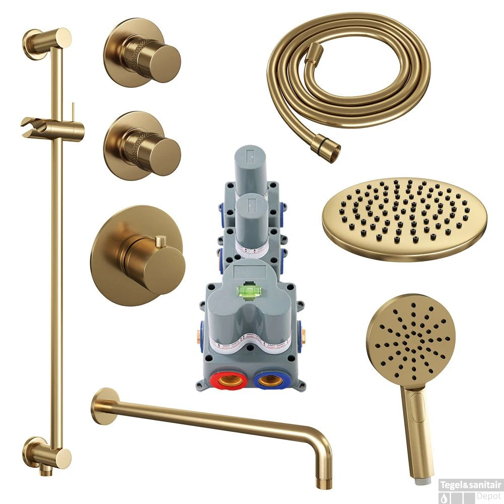 Regendoucheset Inbouw Brauer Gold Edition Thermostatisch 20cm Met Gebogen Wandarm, Glijstang En Handdouche 3-Standen Losse Stopkranen Geborsteld Goud 4 Regendoucheset Inbouw Brauer Gold Edition Thermostatisch 20cm Met Gebogen Wandarm, Glijstang En Handdouche 3-Standen Losse Stopkranen Geborsteld Goud - Afbeelding 2